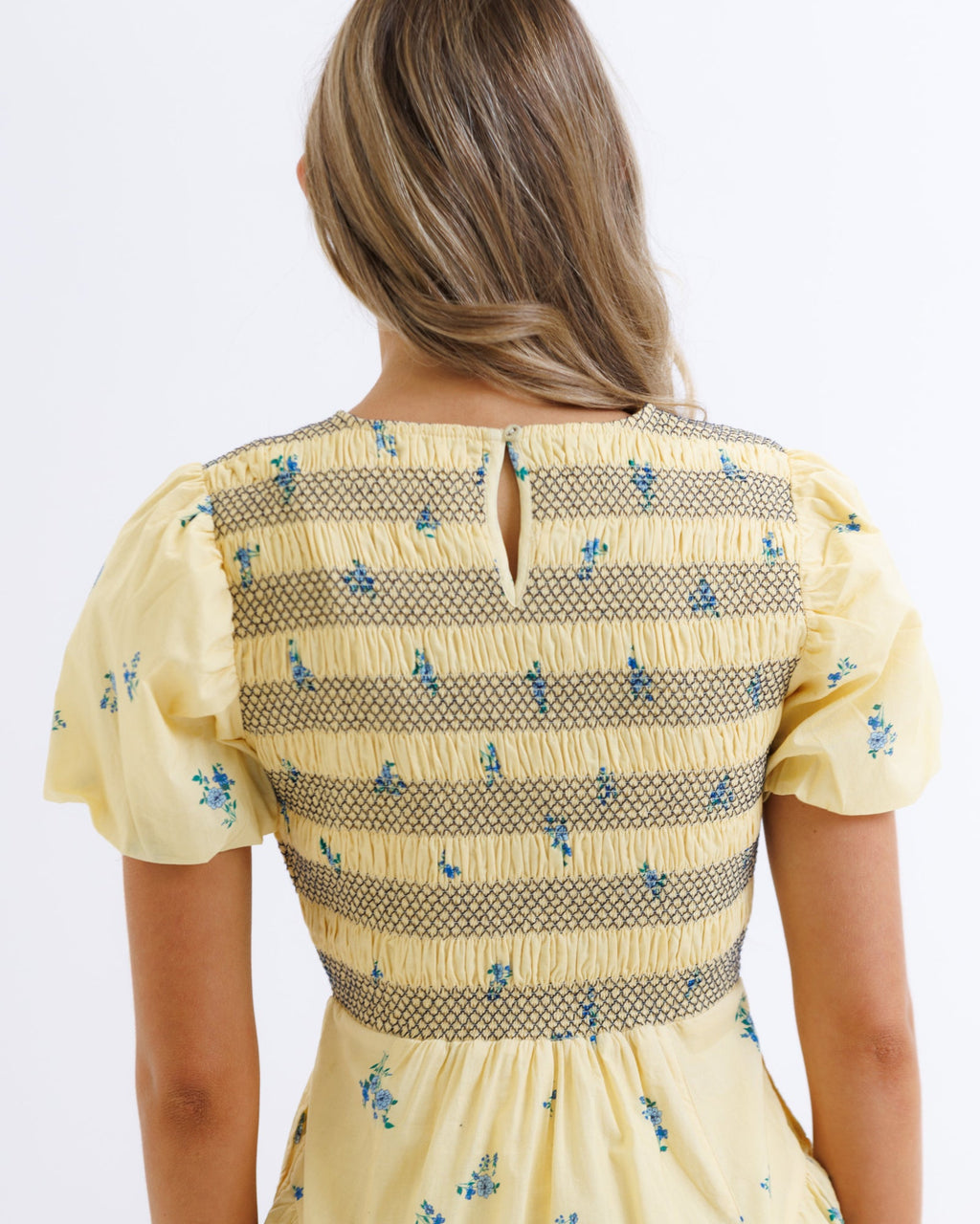 Yellow Floral Print Smocked Bodice Fit and Flare Midi Dress - Image 5