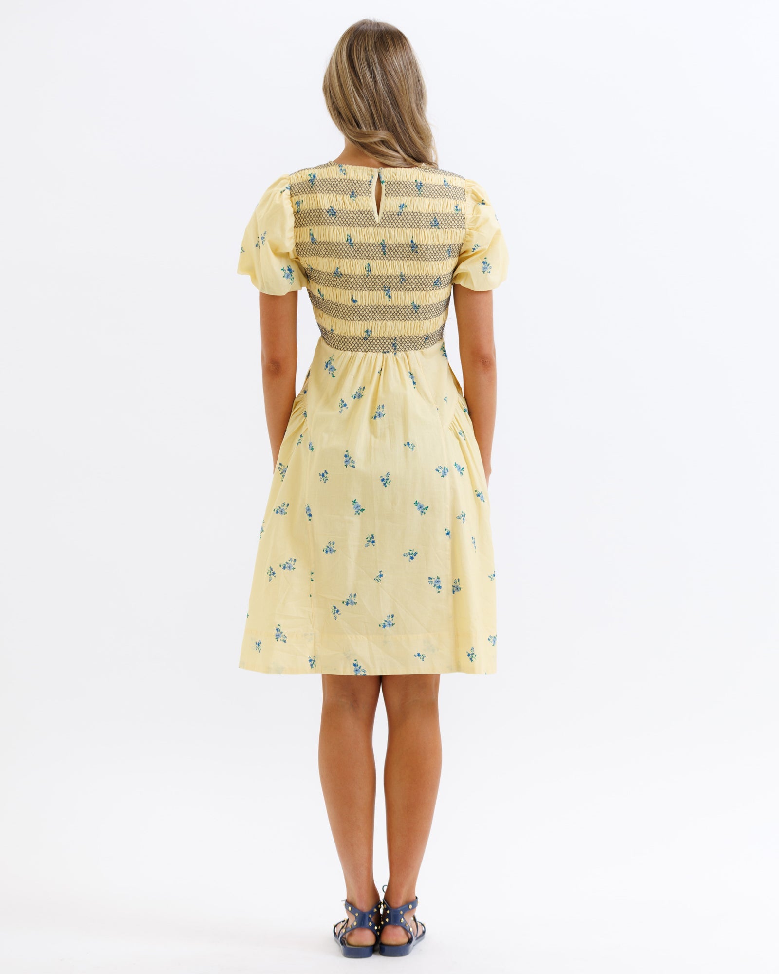 Yellow Floral Print Smocked Bodice Fit and Flare Midi Dress - Image 2