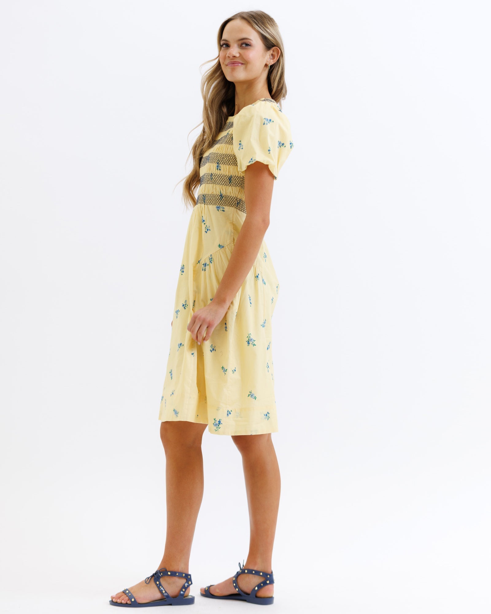 Yellow Floral Print Smocked Bodice Fit and Flare Midi Dress - Image 3