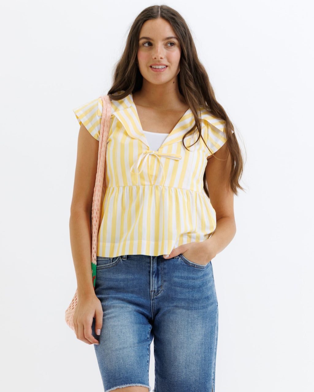 Sunshine Yellow Striped V-Neck Peplum Tie Front Top - Image 2