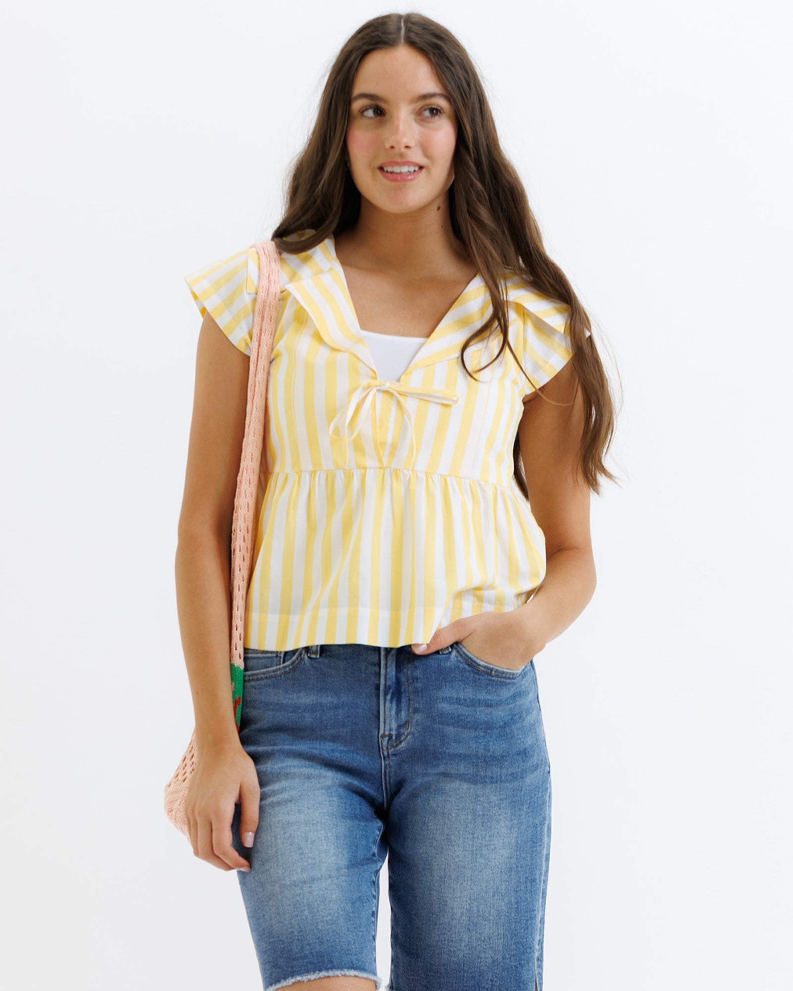 Sunshine Yellow Striped V-Neck Peplum Tie Front Top - Image 2