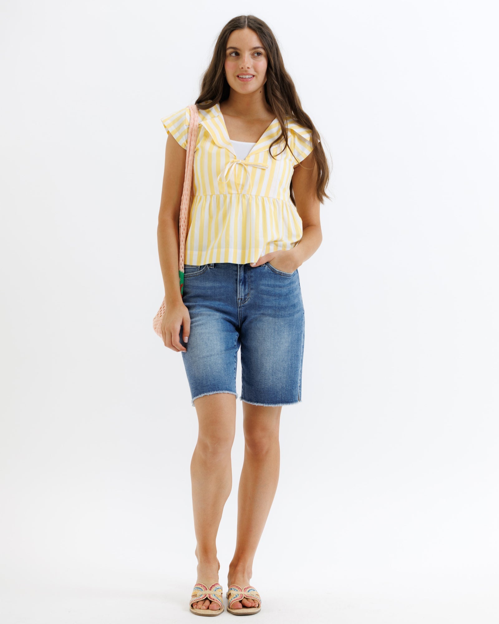Sunshine Yellow Striped V-Neck Peplum Tie Front Top - Image 5