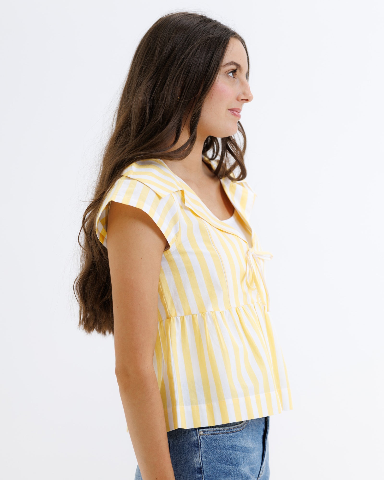 Sunshine Yellow Striped V-Neck Peplum Tie Front Top - Image 3
