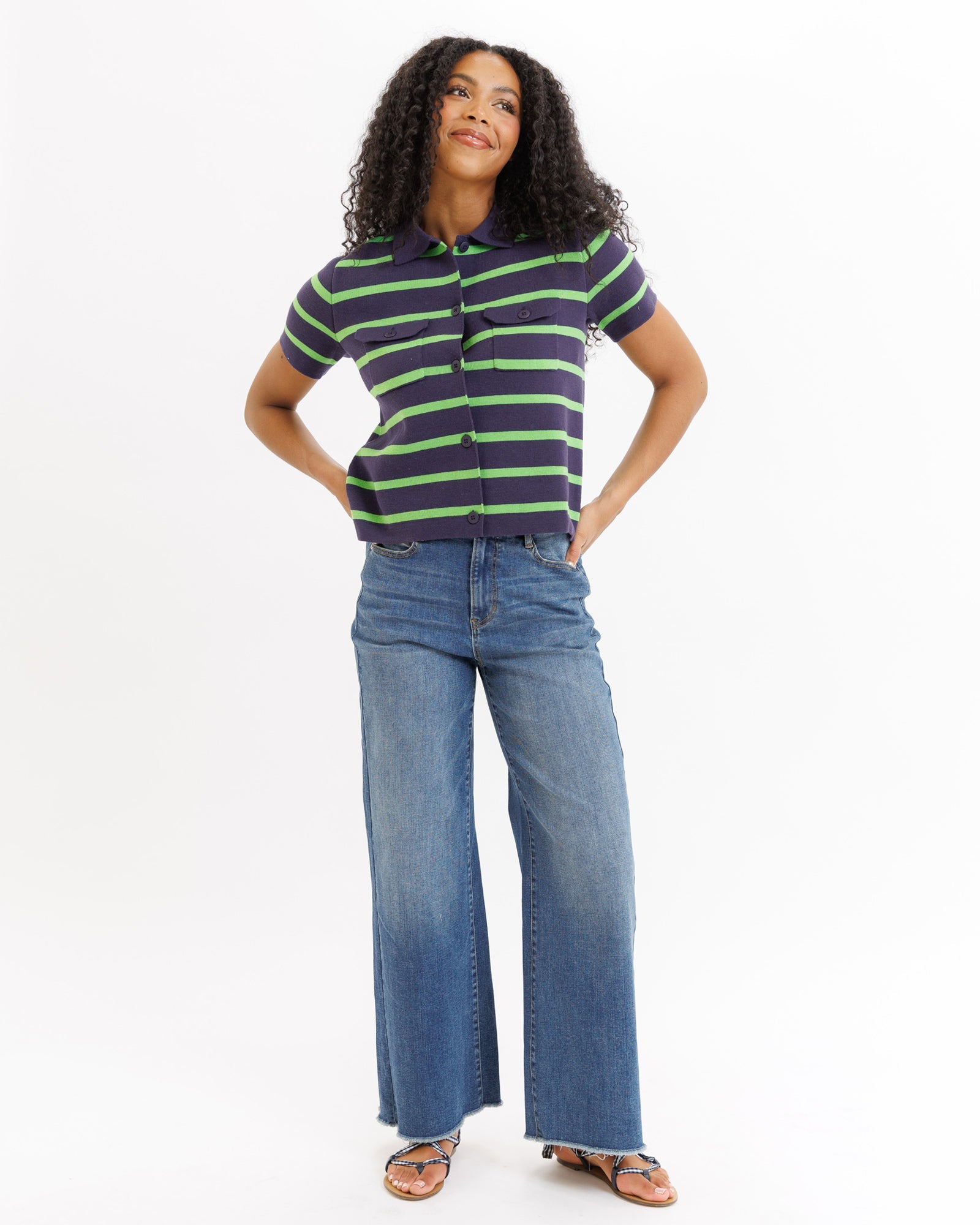 Summer Camp Short Sleeve Striped Button Down Cardigan - Image 2