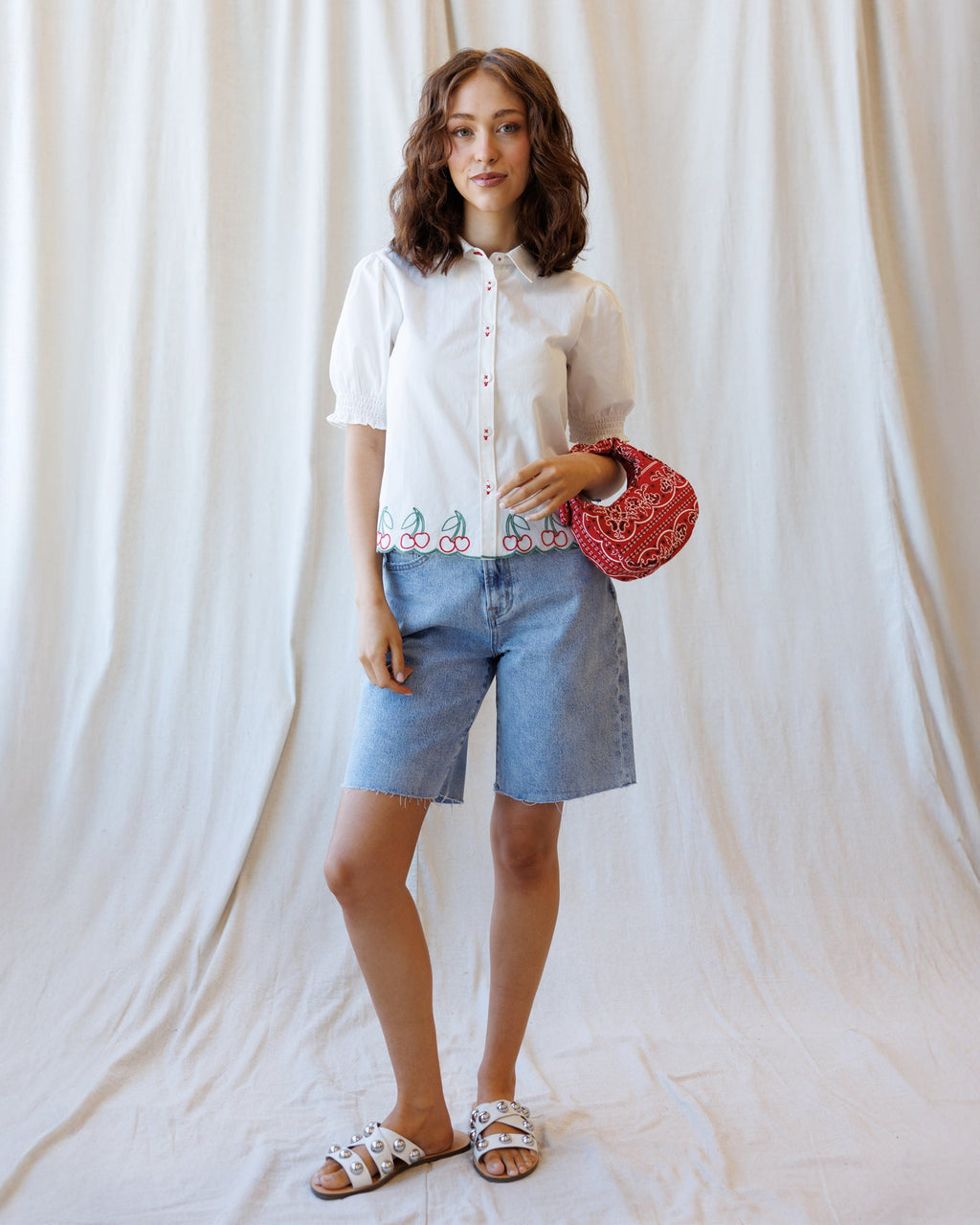 Cherry Cute Button Down: Women’s Cotton Puff Sleeve Blouse