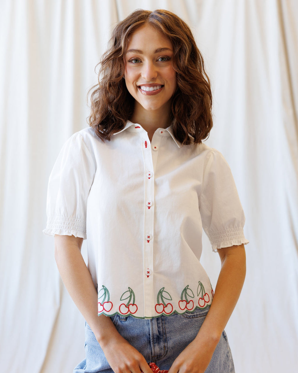 Cherry Cute Button Down: Women’s Cotton Puff Sleeve Blouse