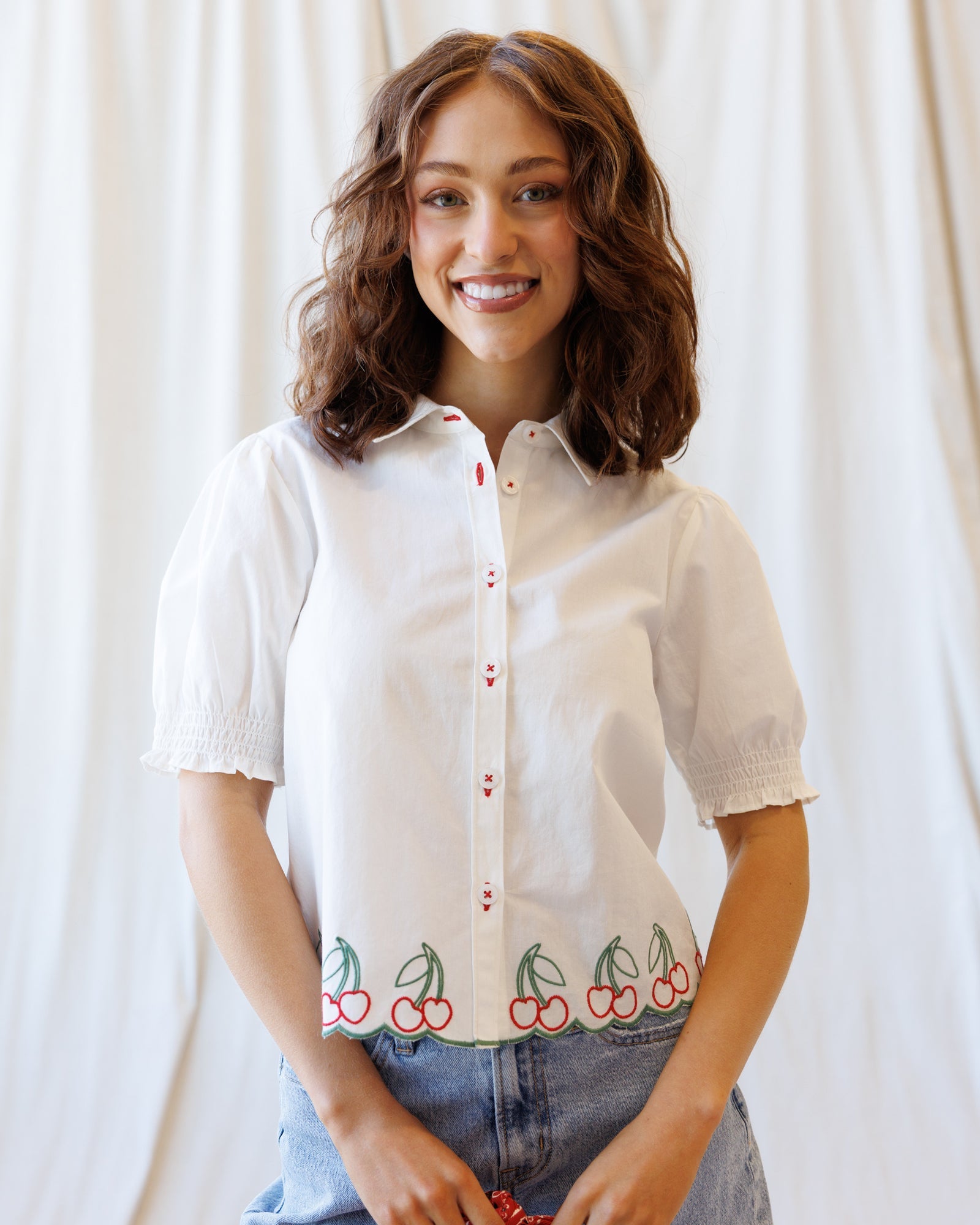 Cherry Cute Button Down: Women’s Cotton Puff Sleeve Blouse