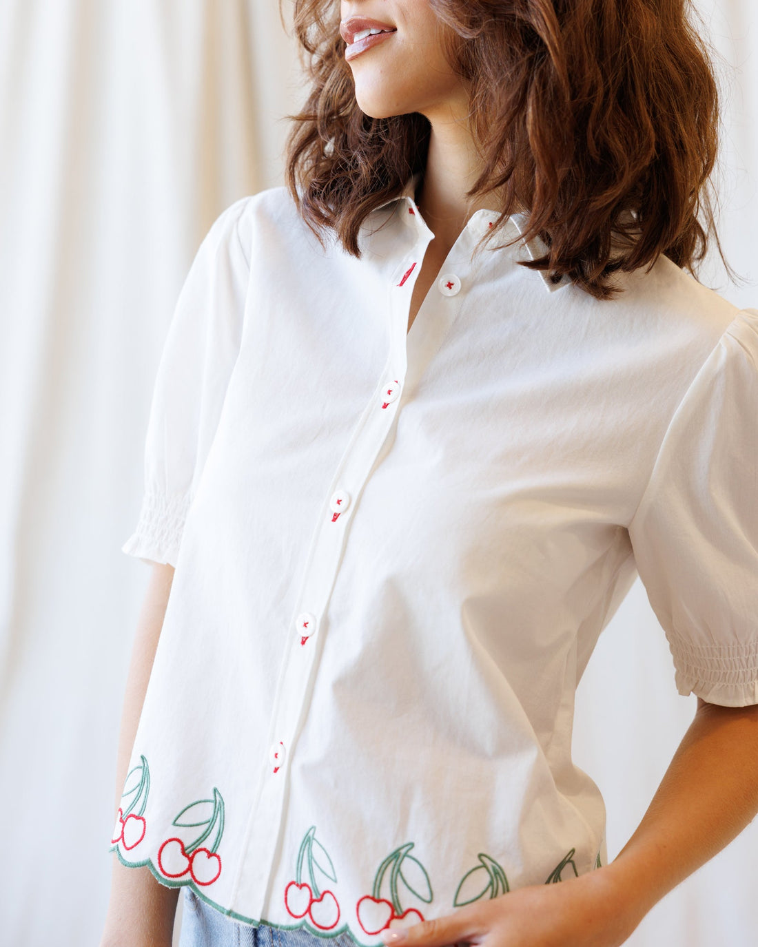 Cherry Cute Button Down: Women’s Cotton Puff Sleeve Blouse