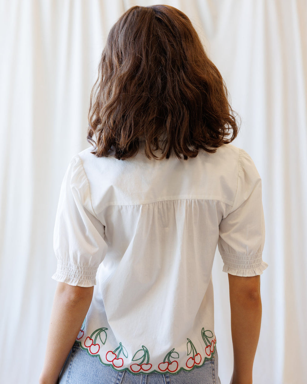 Cherry Cute Button Down: Women’s Cotton Puff Sleeve Blouse