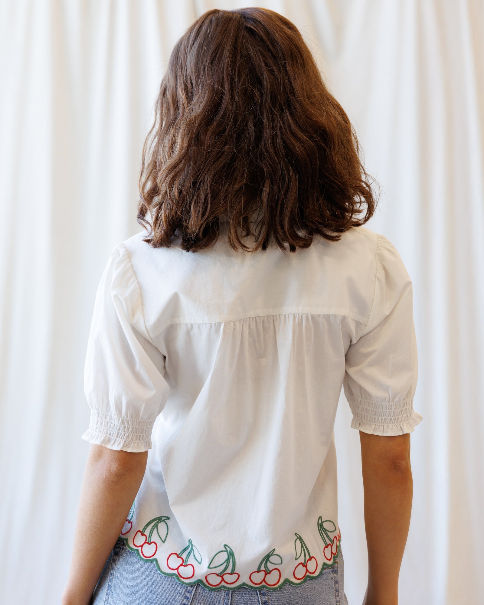 Cherry Cute Button Down: Women’s Cotton Puff Sleeve Blouse
