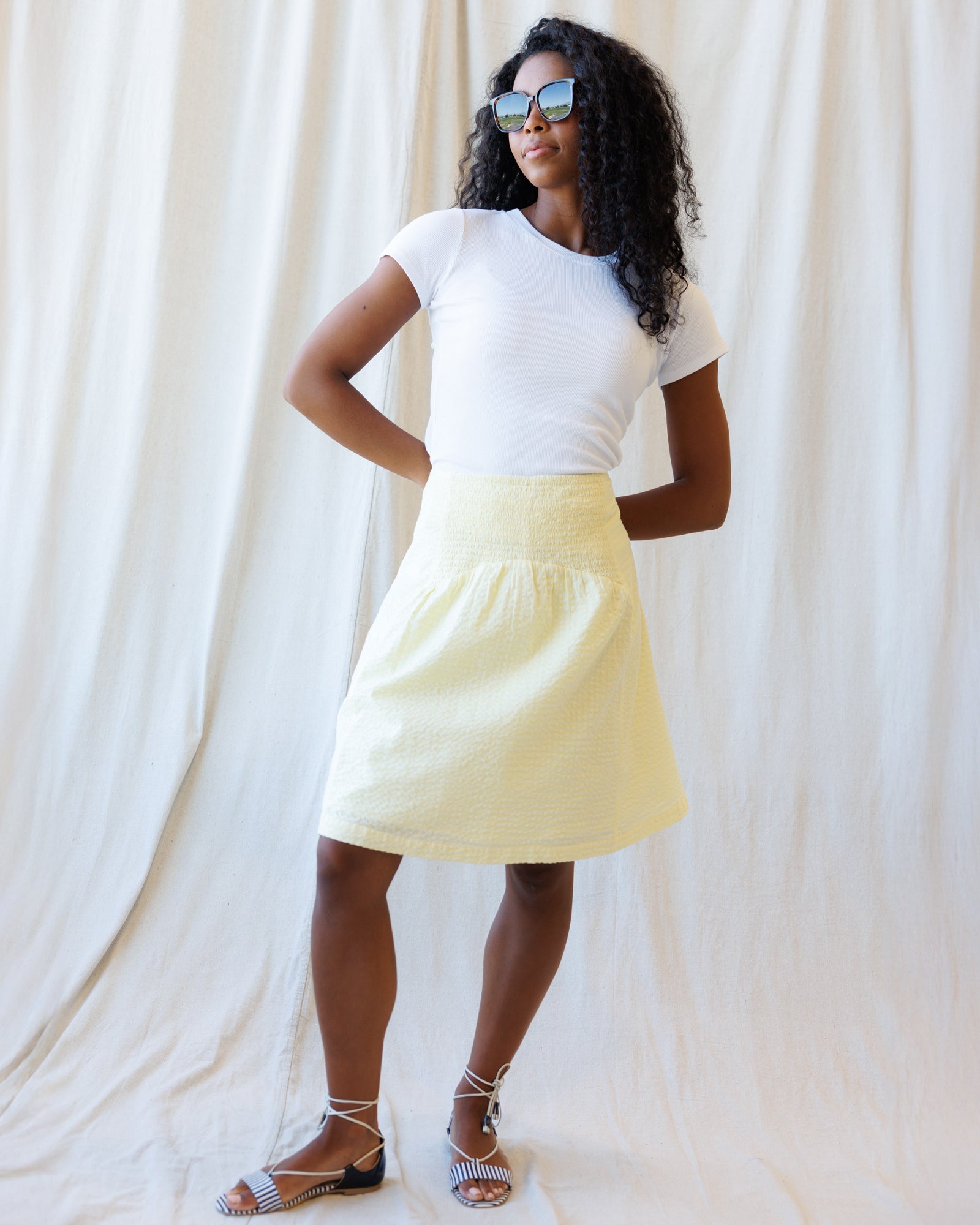 Off The Clock Smocked Waist Jacquard Cotton Skirt in Light Yellow