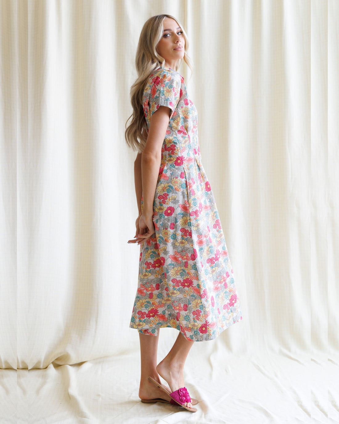 Floral Print Pleated Shirtdress with Kimono Sleeves, Midi Length