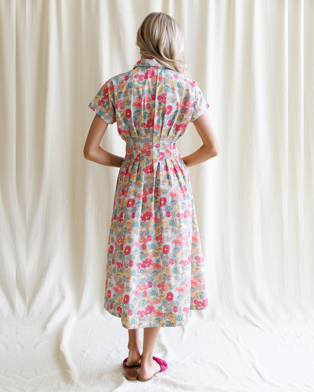 Floral Print Pleated Shirtdress with Kimono Sleeves, Midi Length