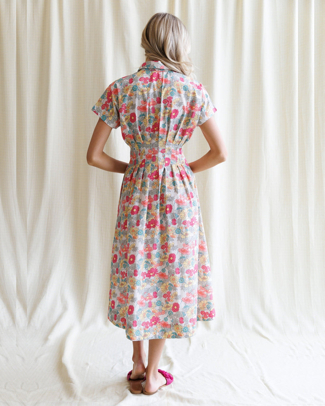 Floral Print Pleated Shirtdress with Kimono Sleeves, Midi Length