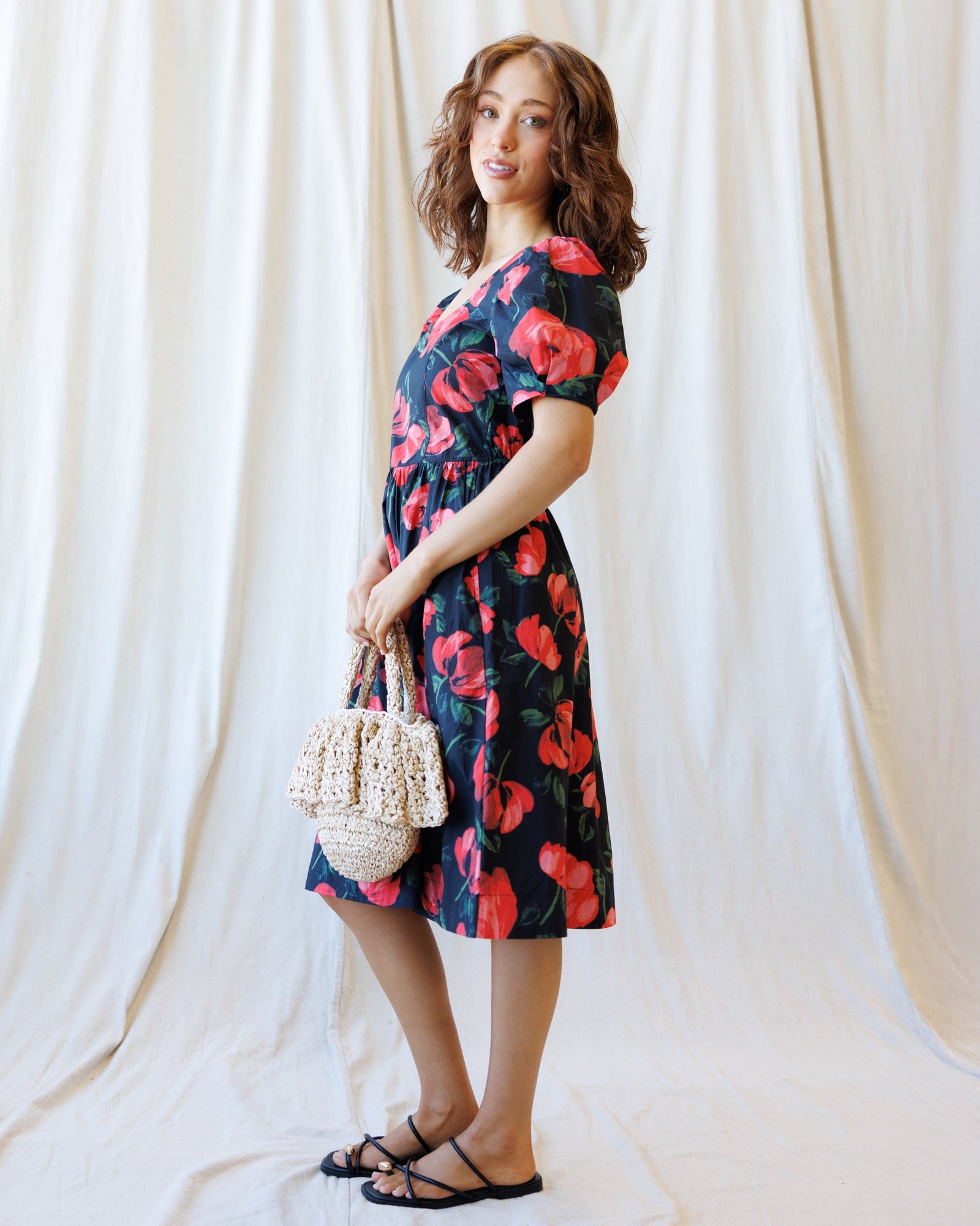Floral A-Line Signature Sun Dress with Bubble Sleeves
