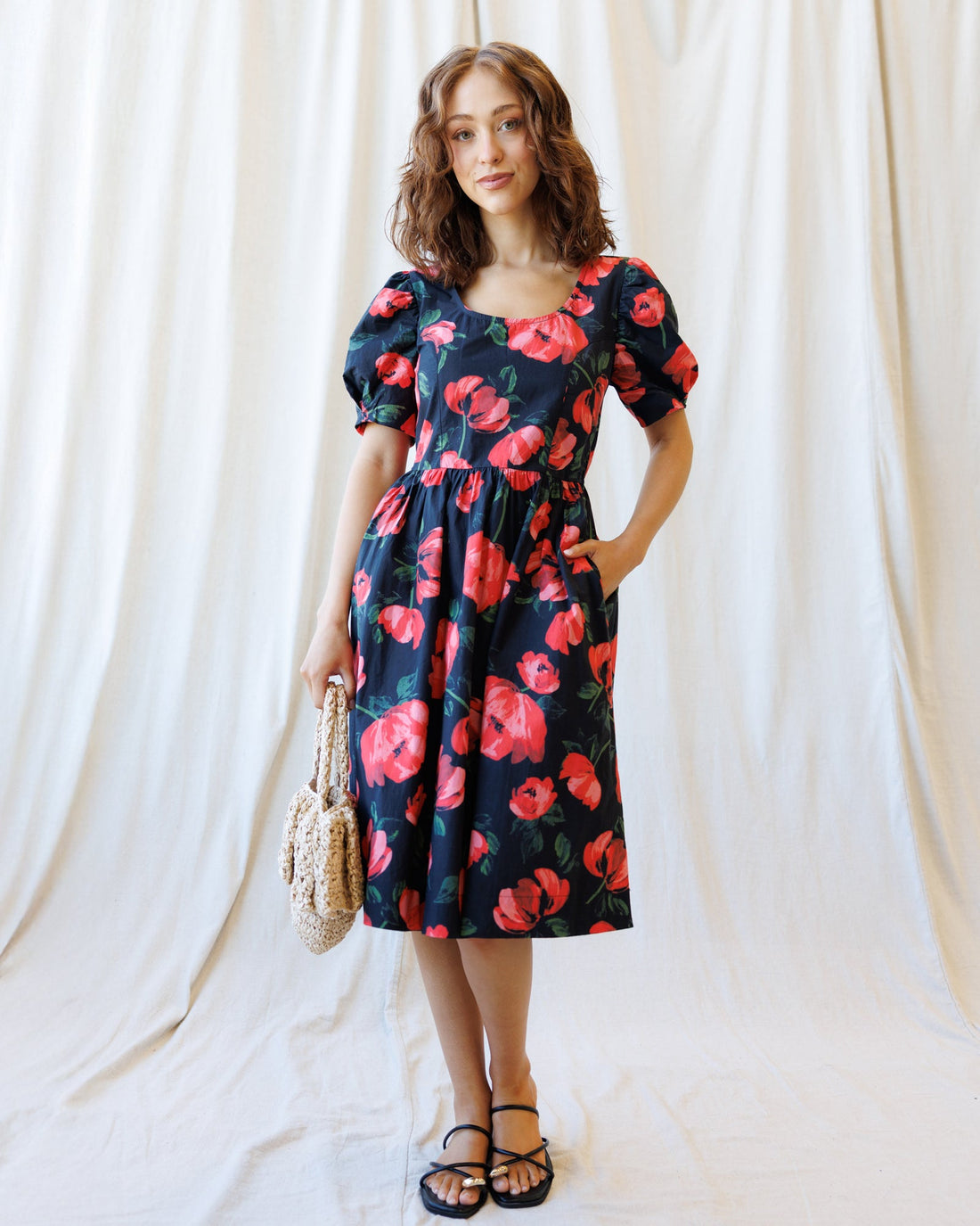 Floral A-Line Signature Sun Dress with Bubble Sleeves