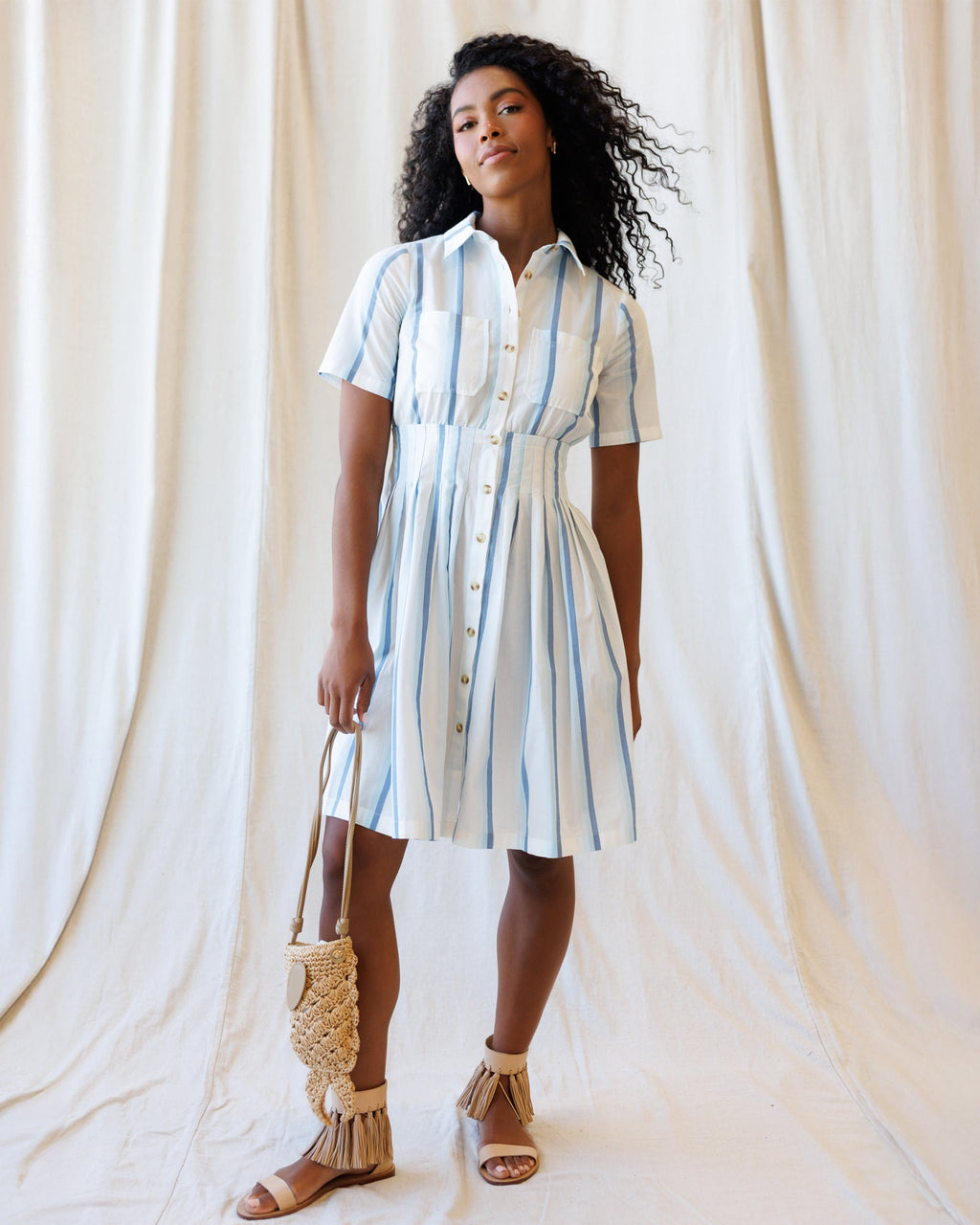 Seaside Stripe Cotton Shirt Dress in Blue and White