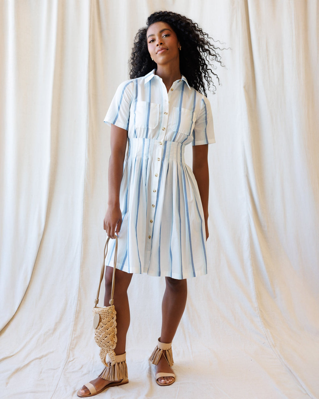 Seaside Stripe Cotton Shirt Dress in Blue and White