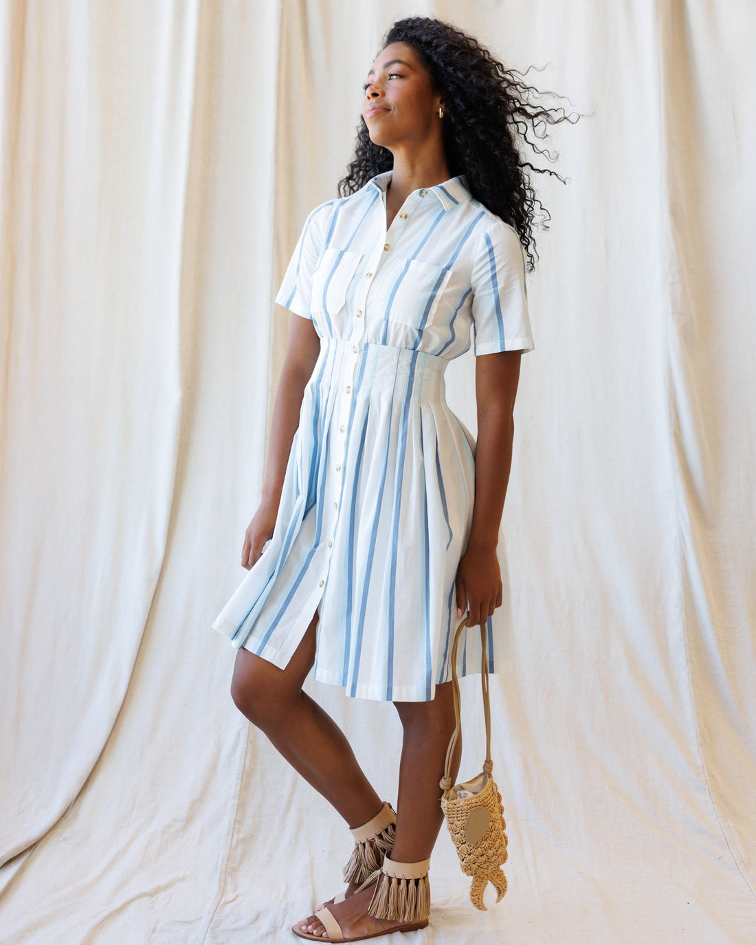 Seaside Stripe Cotton Shirt Dress in Blue and White