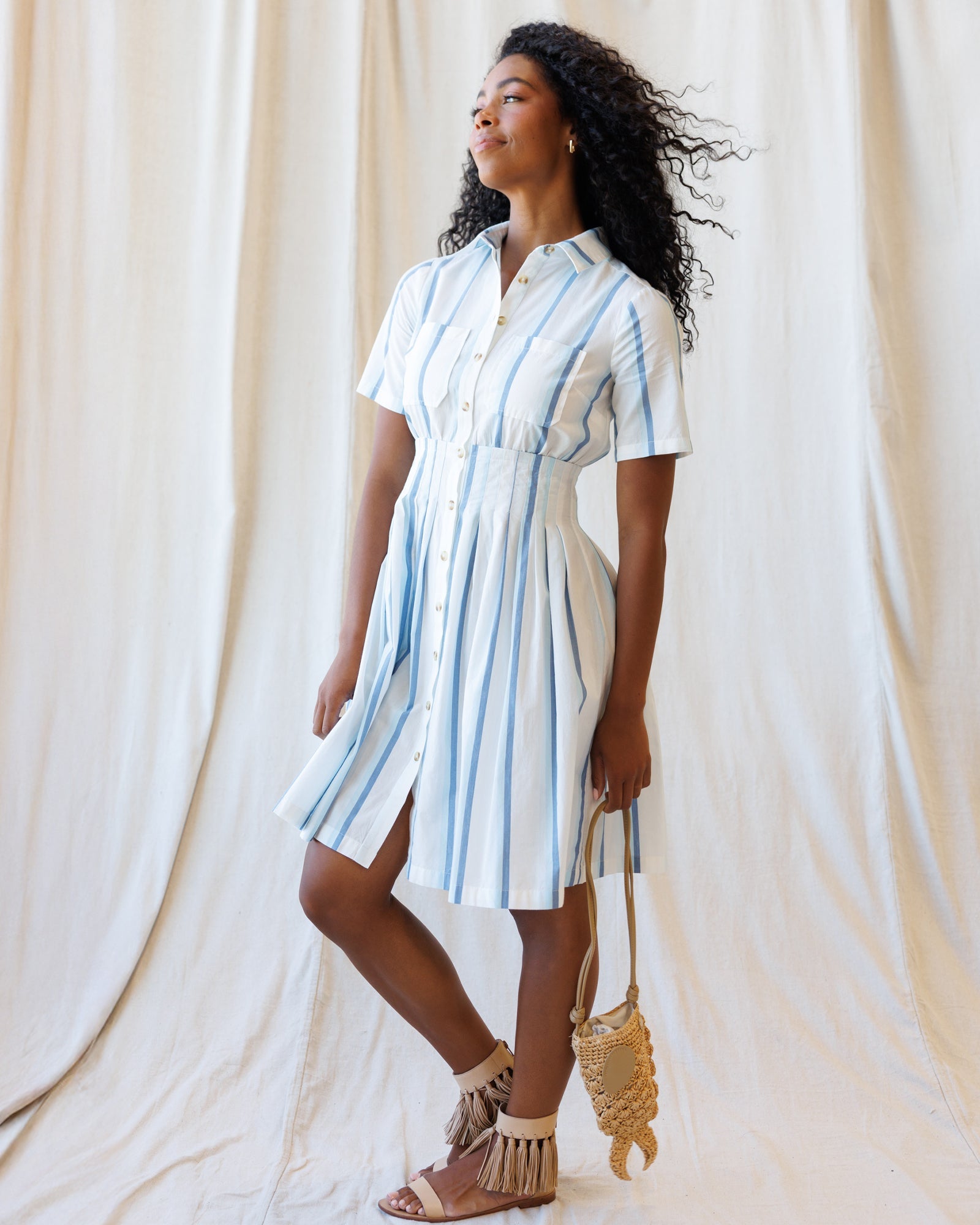 Seaside Stripe Cotton Shirt Dress in Blue and White