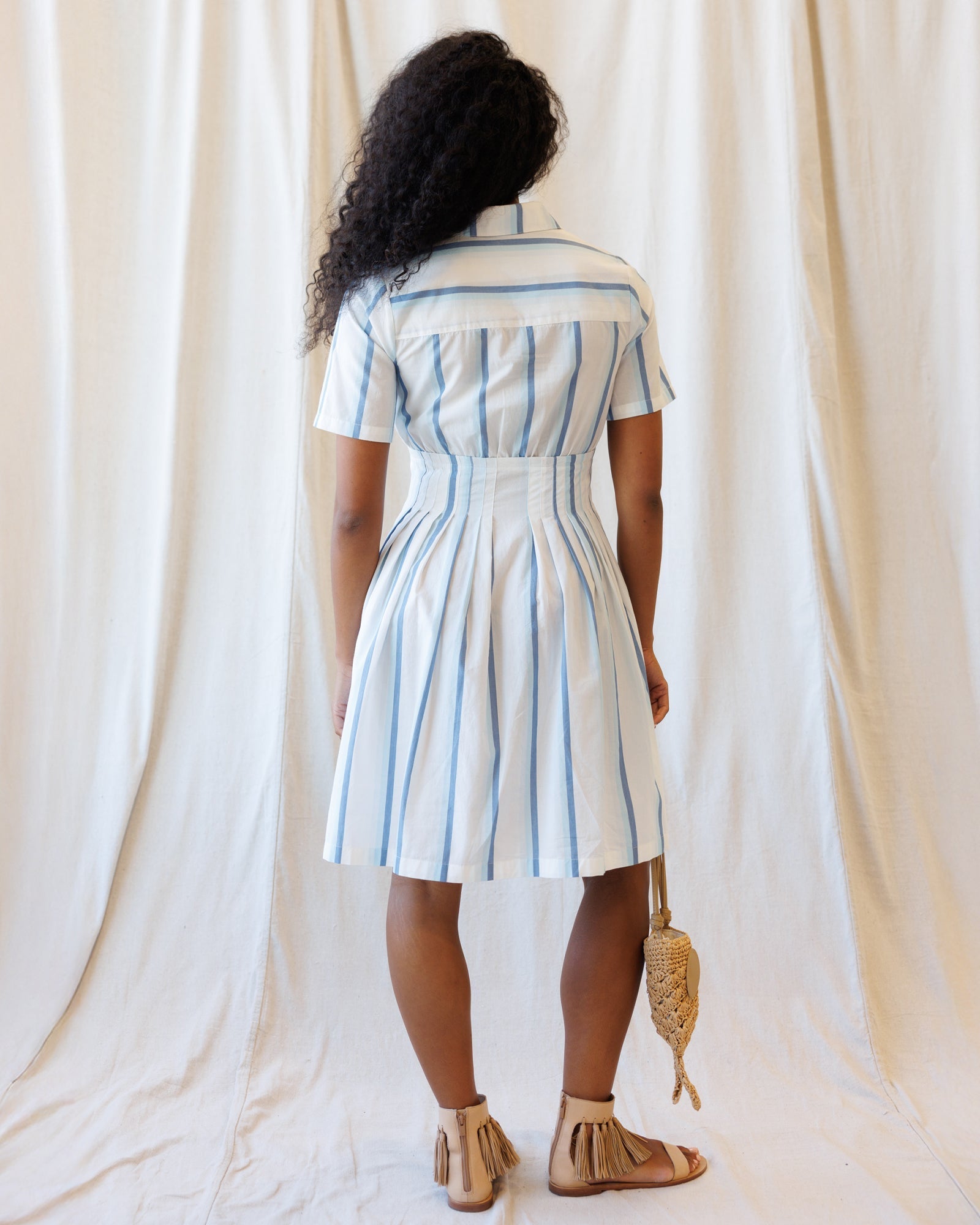 Seaside Stripe Cotton Shirt Dress in Blue and White