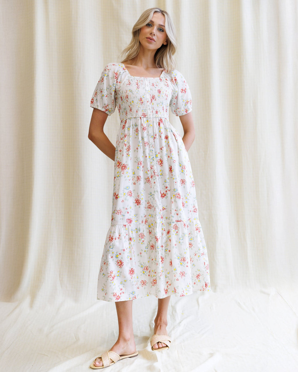 High Tea Floral Cotton Maxi Dress with Smocked Bodice