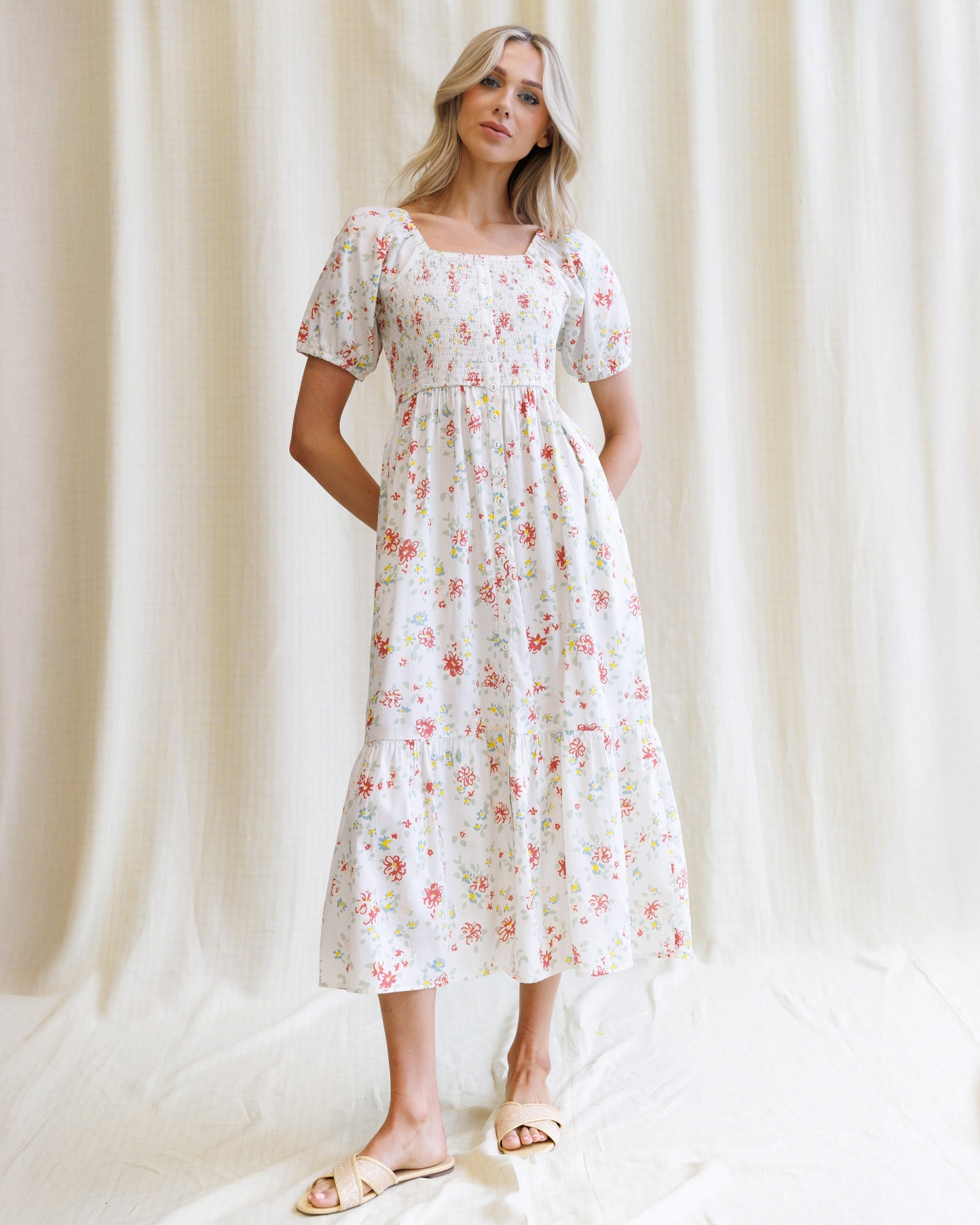 High Tea Floral Cotton Maxi Dress with Smocked Bodice