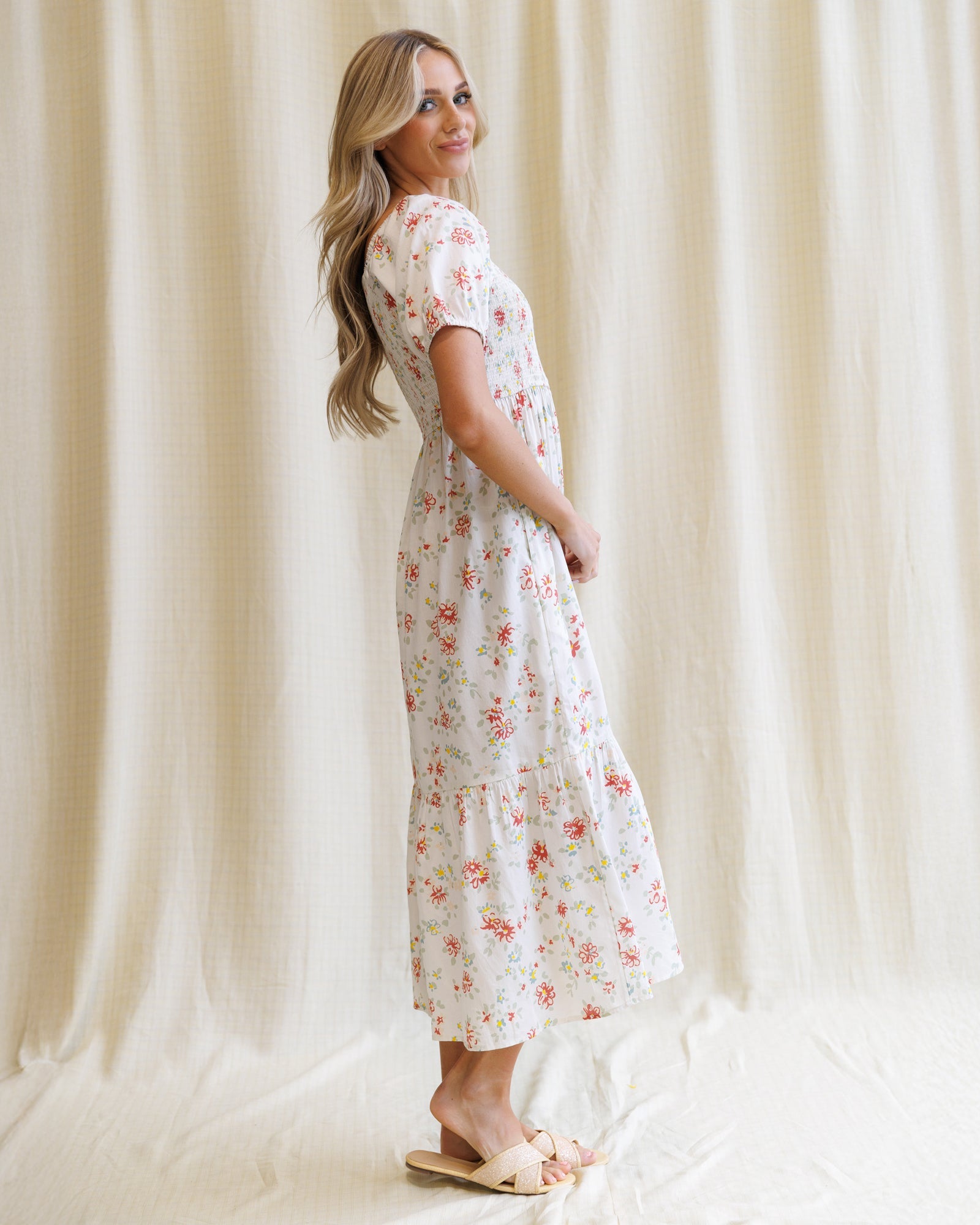 High Tea Floral Cotton Maxi Dress with Smocked Bodice