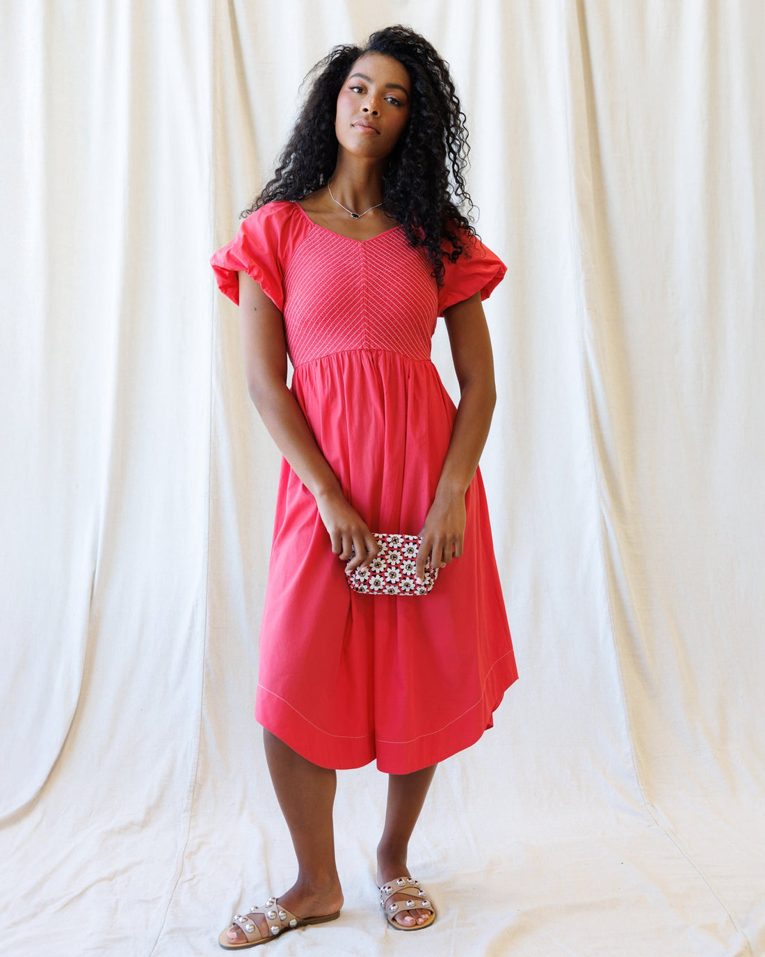 One Fine Day fit and flare midi dress in watermelon with smocked bodice and bubble sleeves