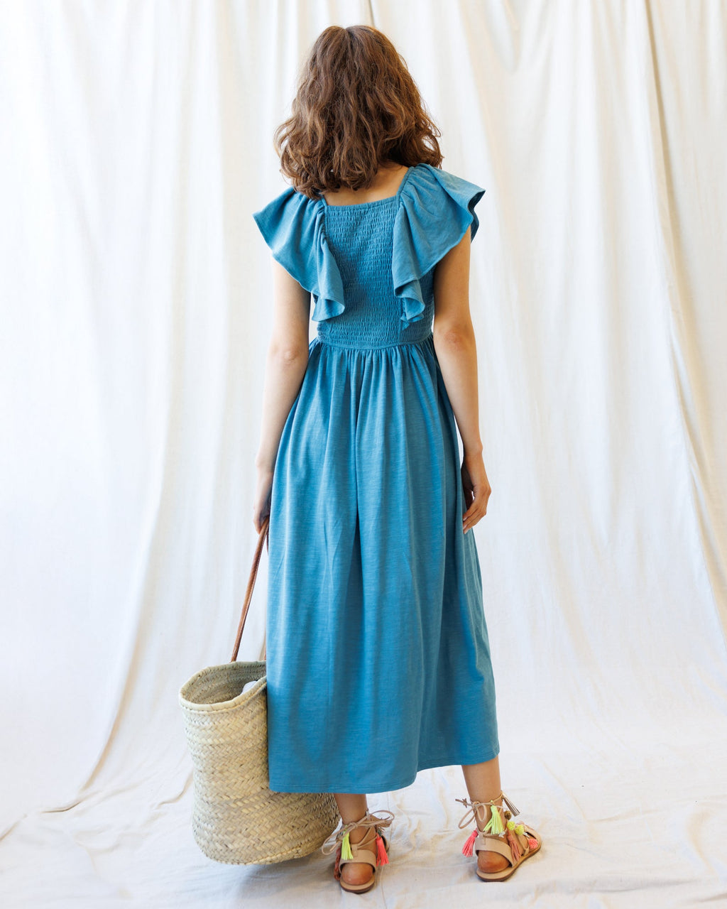 Sol Mate Midi Dress with Flutter Sleeves and Smocked Bodice