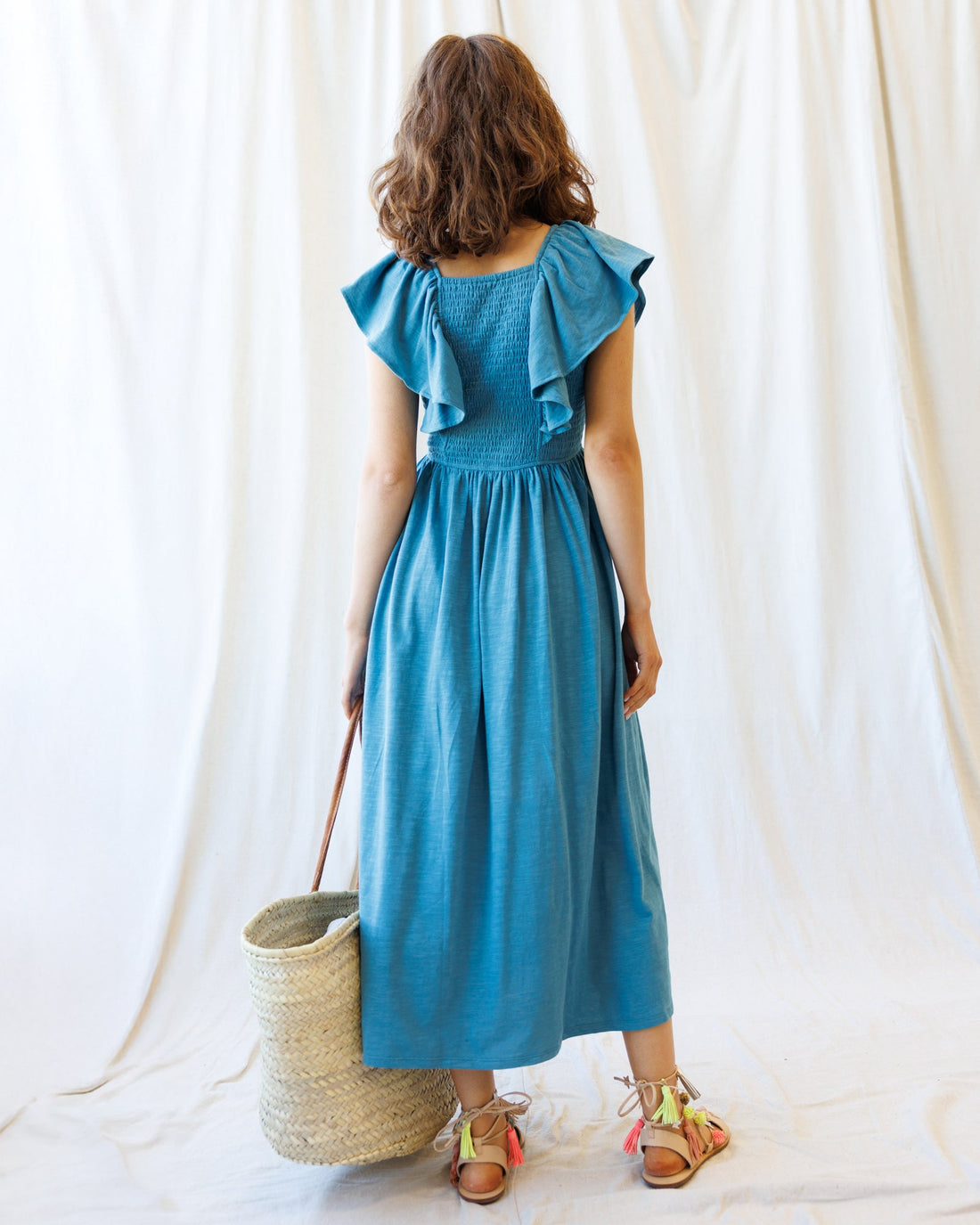 Sol Mate Midi Dress with Flutter Sleeves and Smocked Bodice