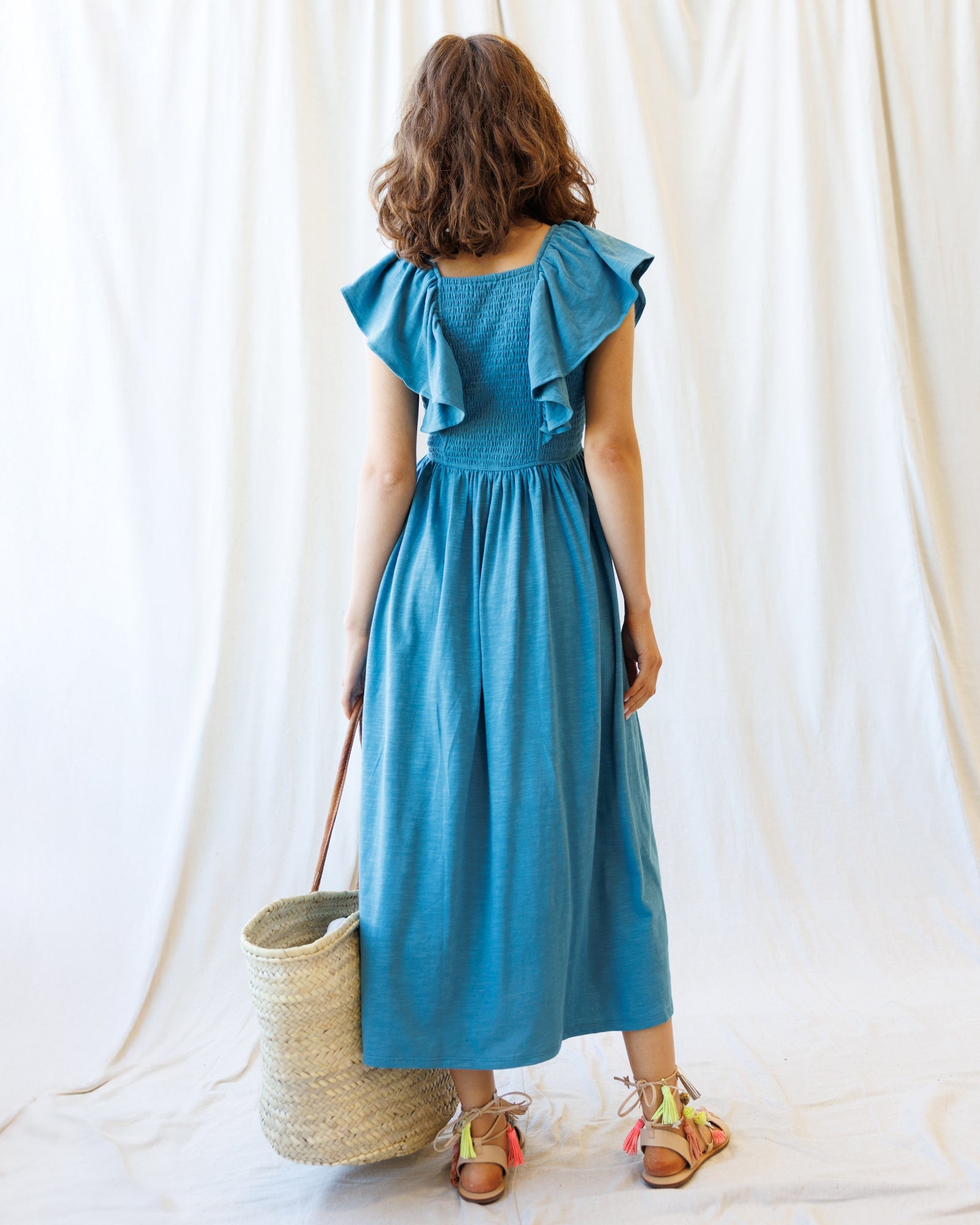 Sol Mate Midi Dress with Flutter Sleeves and Smocked Bodice