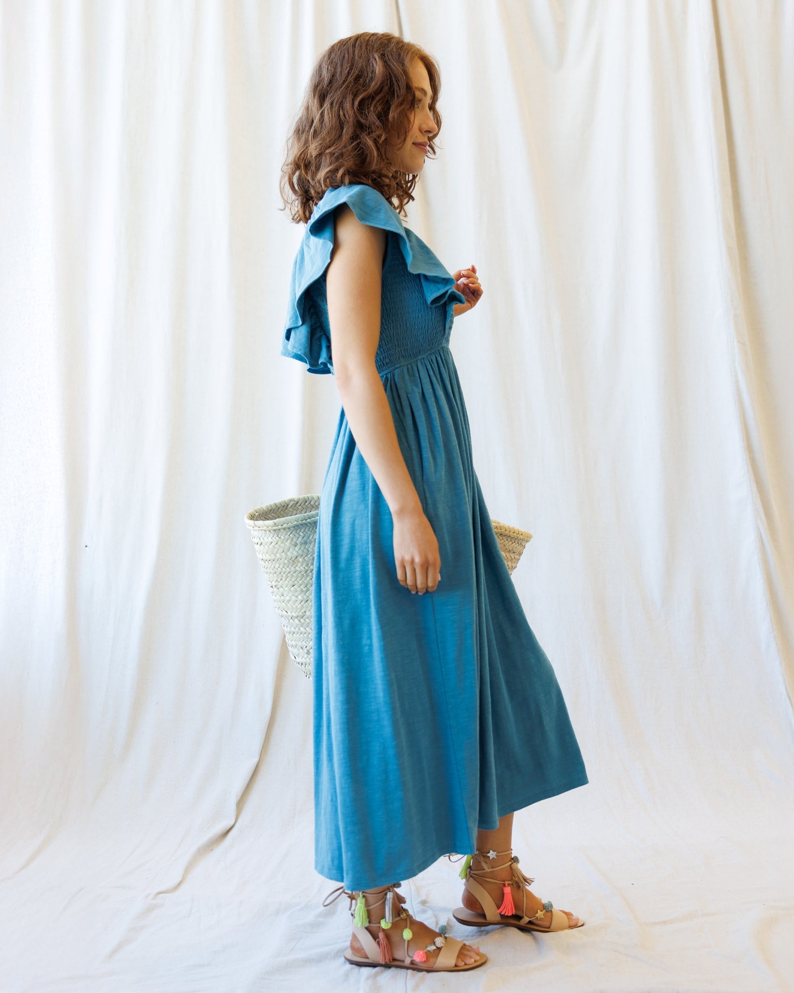 Sol Mate Midi Dress with Flutter Sleeves and Smocked Bodice