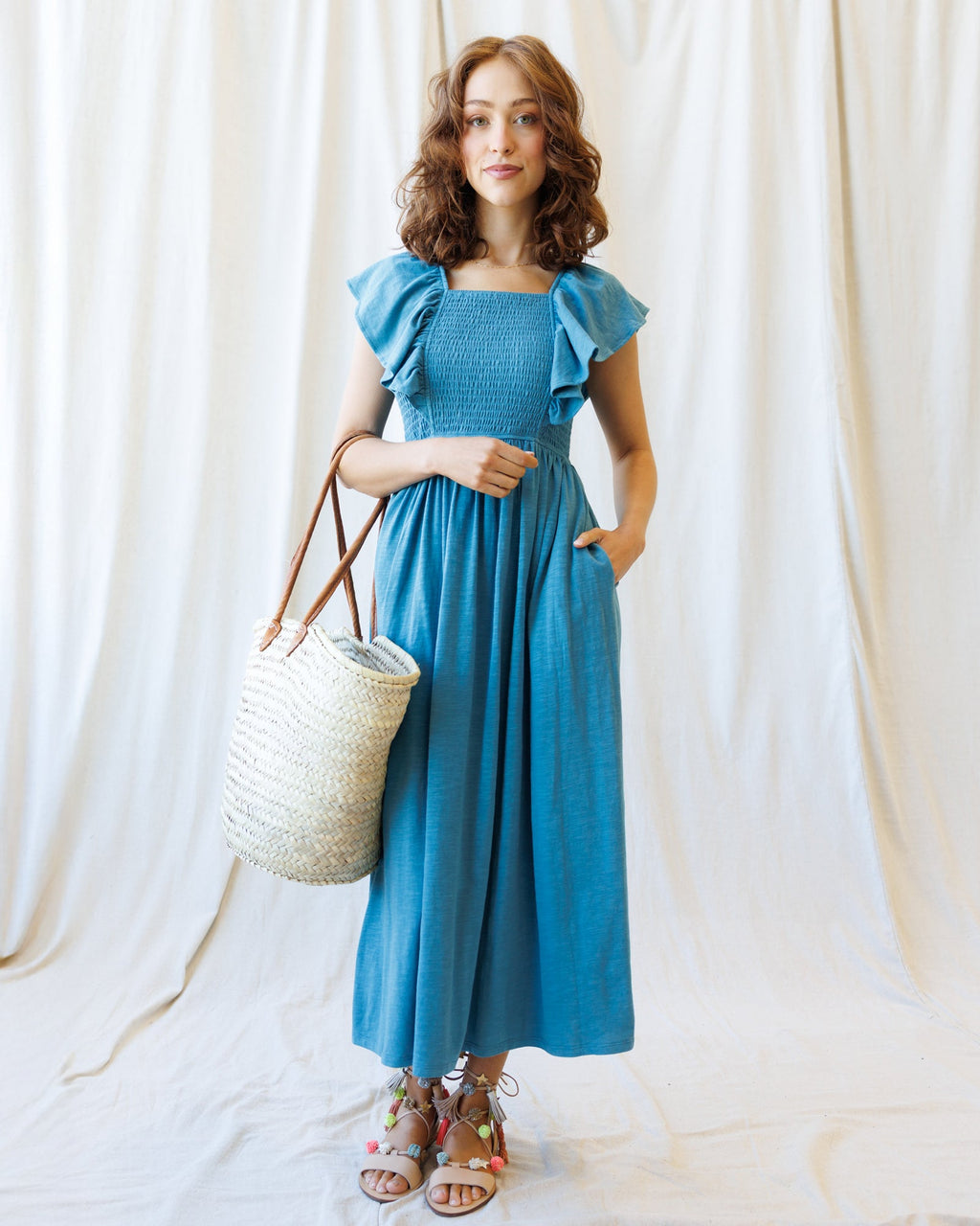 Sol Mate Midi Dress with Flutter Sleeves and Smocked Bodice