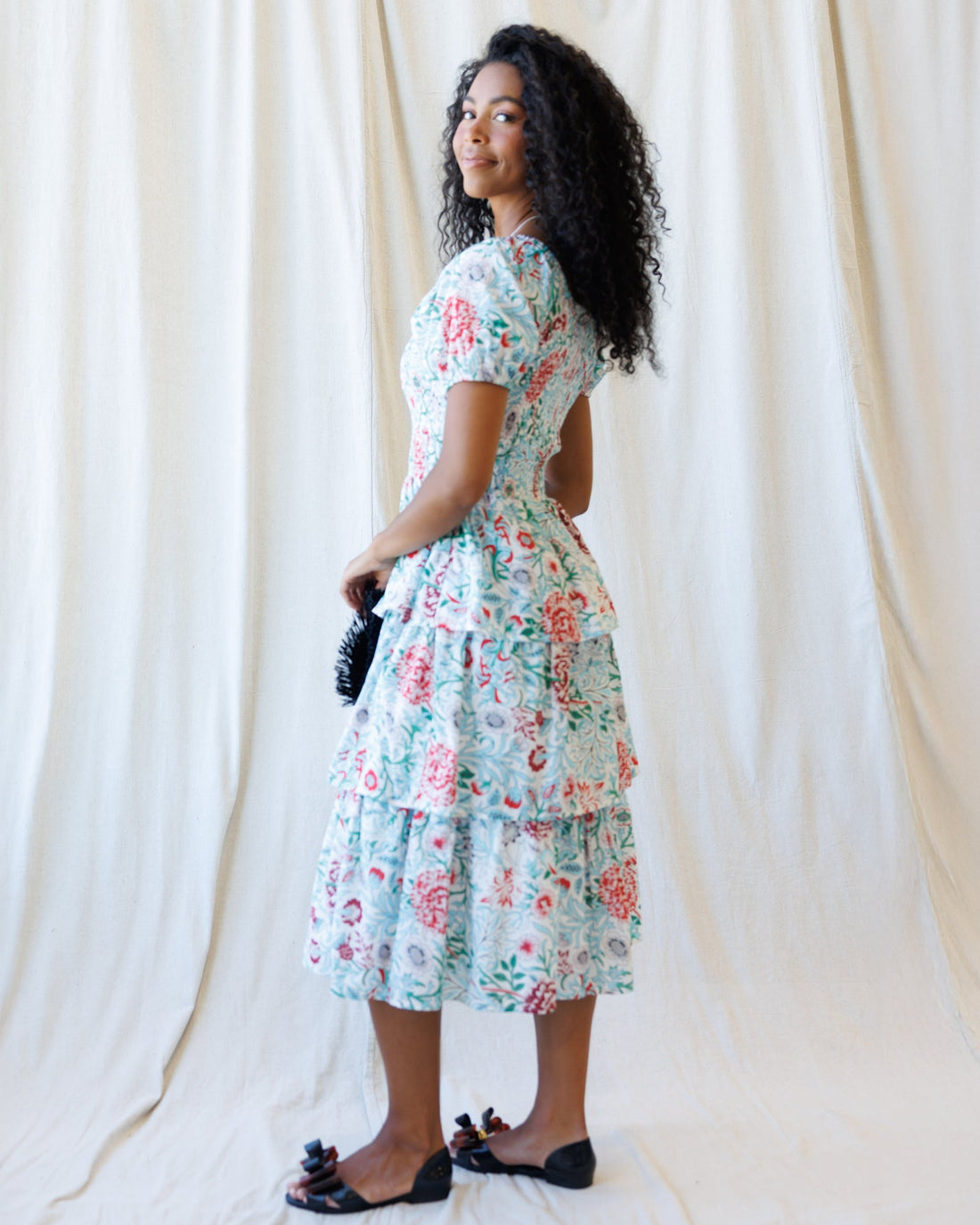 Floral Smocked Midi Dress with Square Neckline in White Red Green