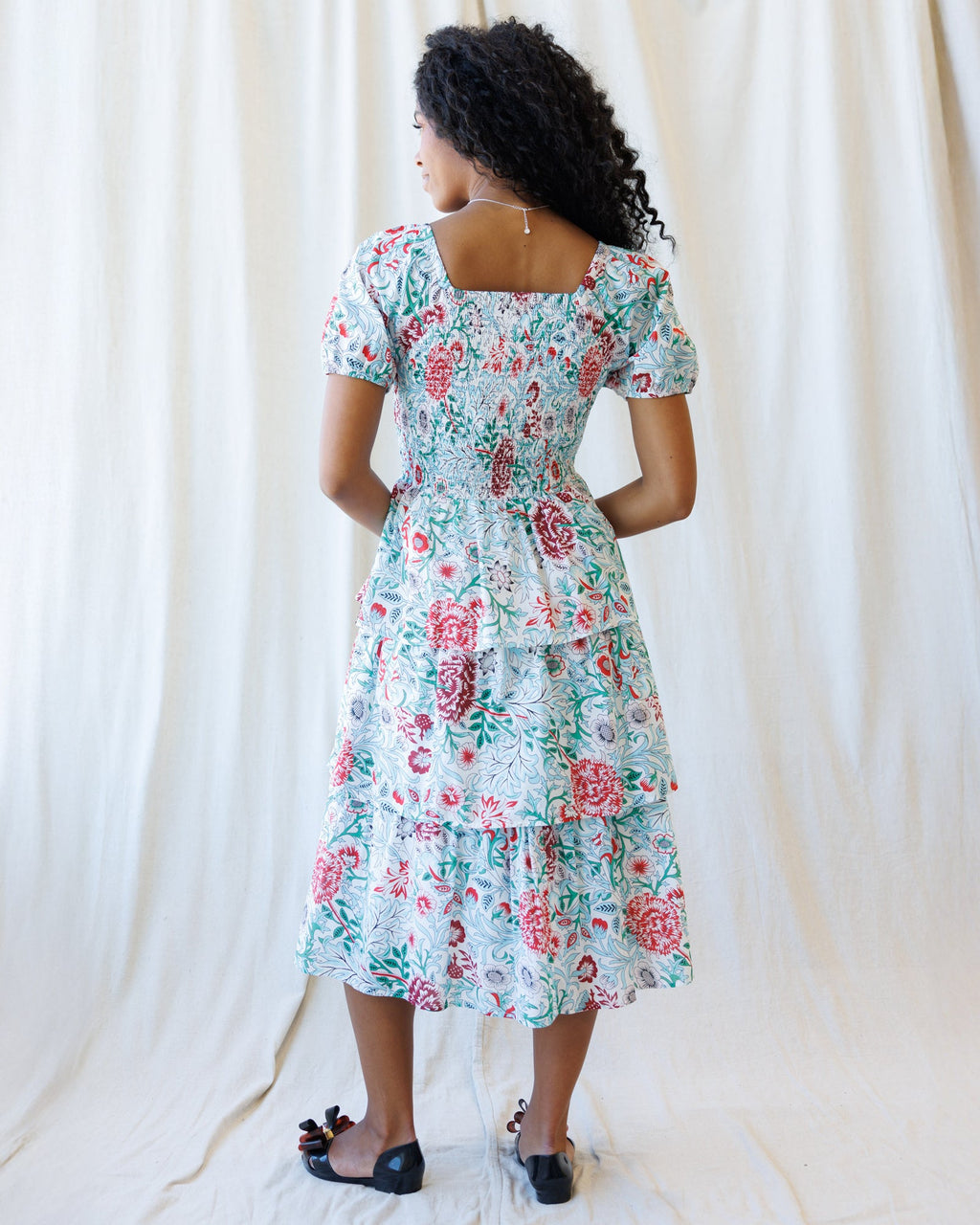 Floral Smocked Midi Dress with Square Neckline in White Red Green