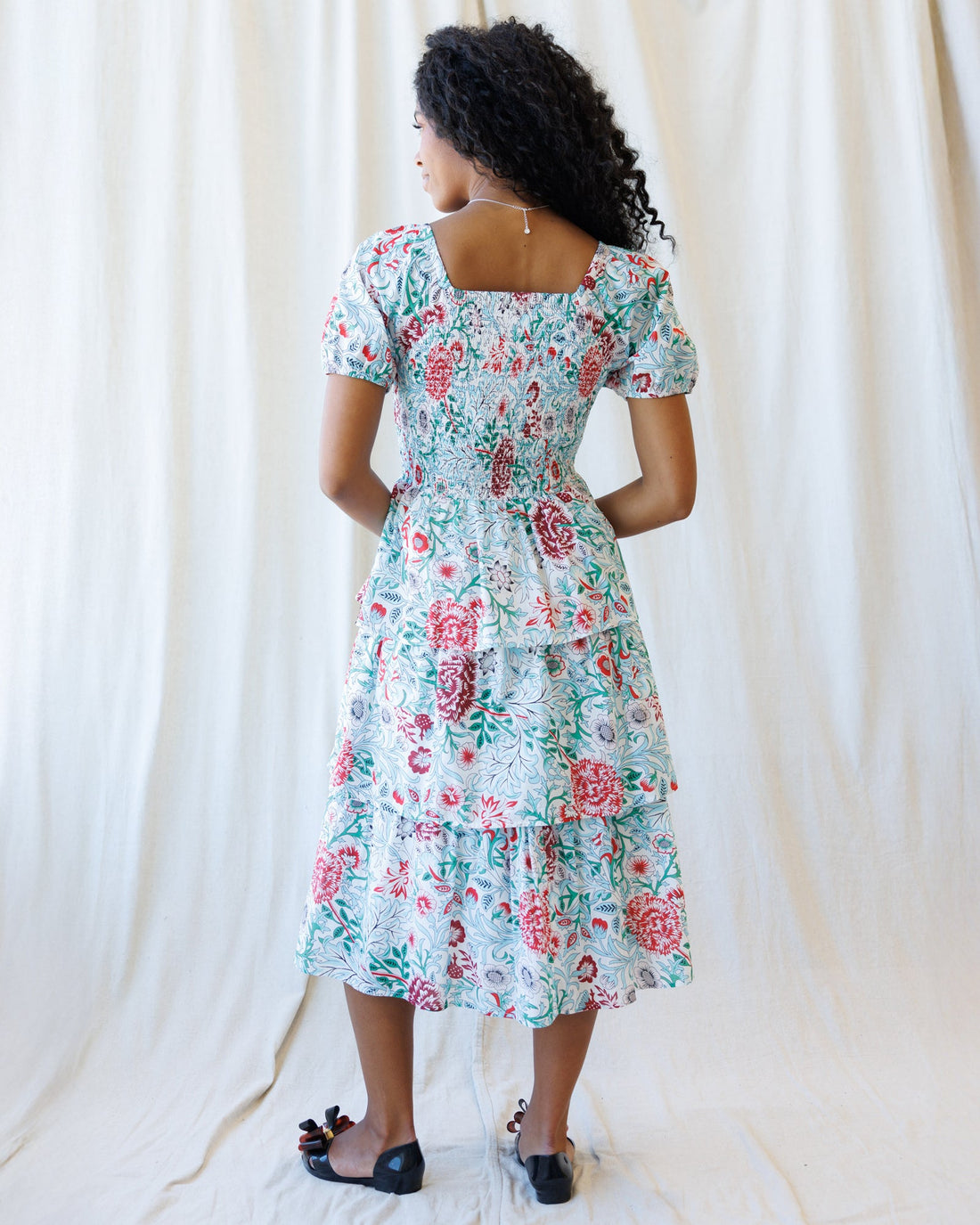 Floral Smocked Midi Dress with Square Neckline in White Red Green