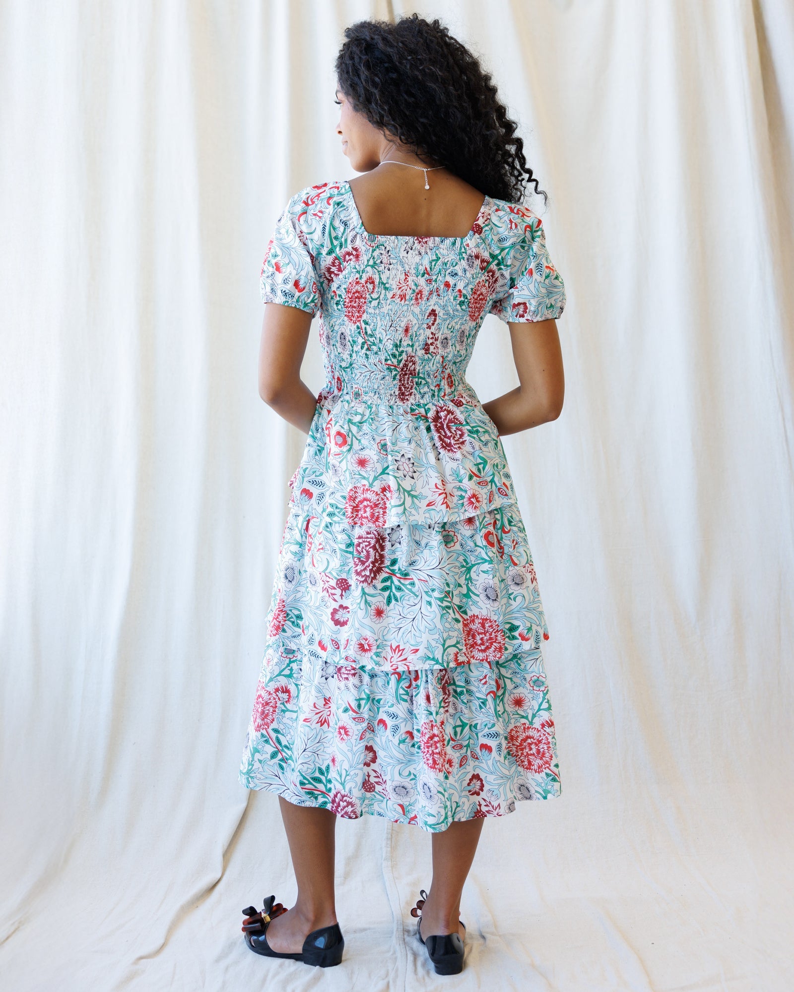 Floral Smocked Midi Dress with Square Neckline in White Red Green