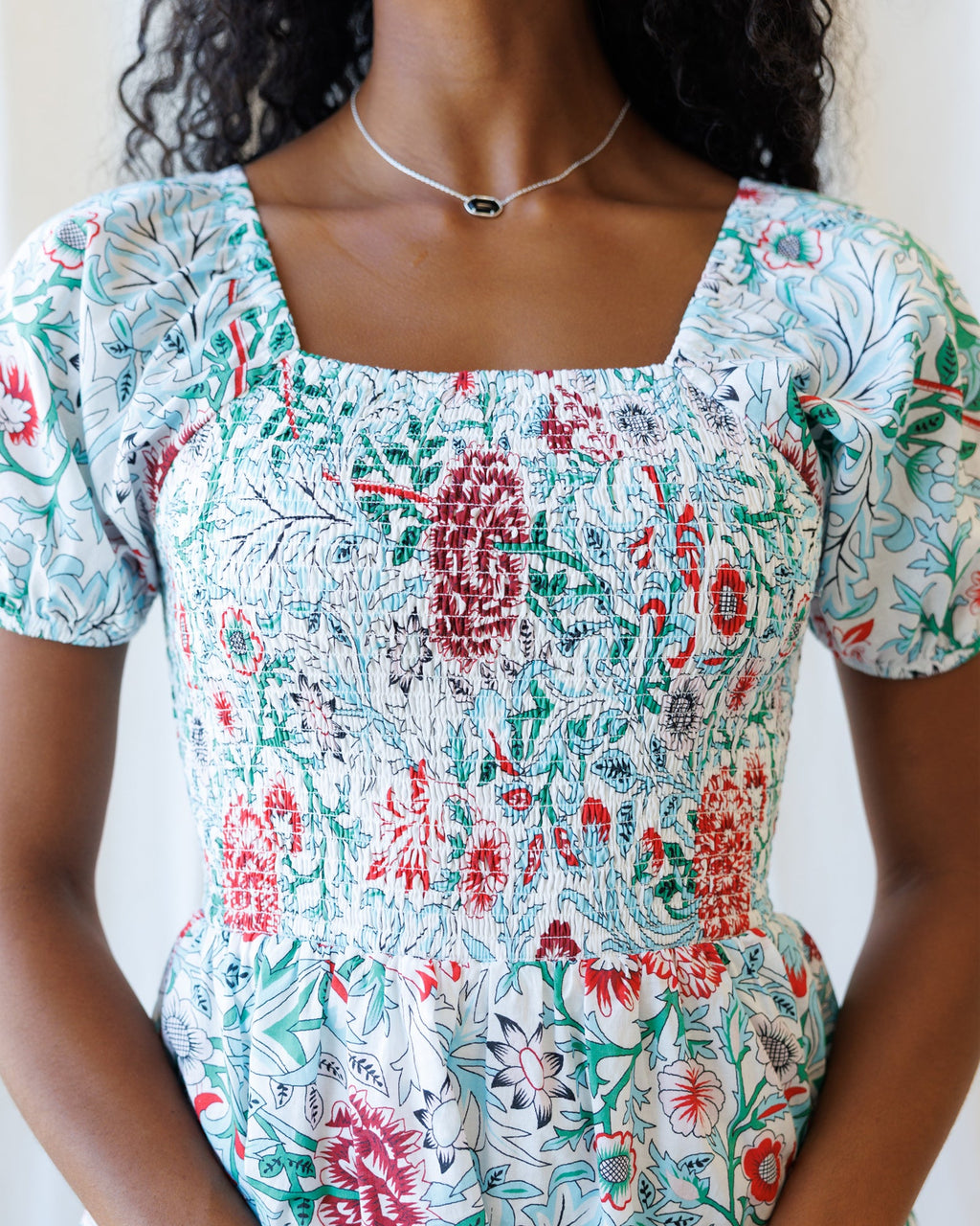 Floral Smocked Midi Dress with Square Neckline in White Red Green