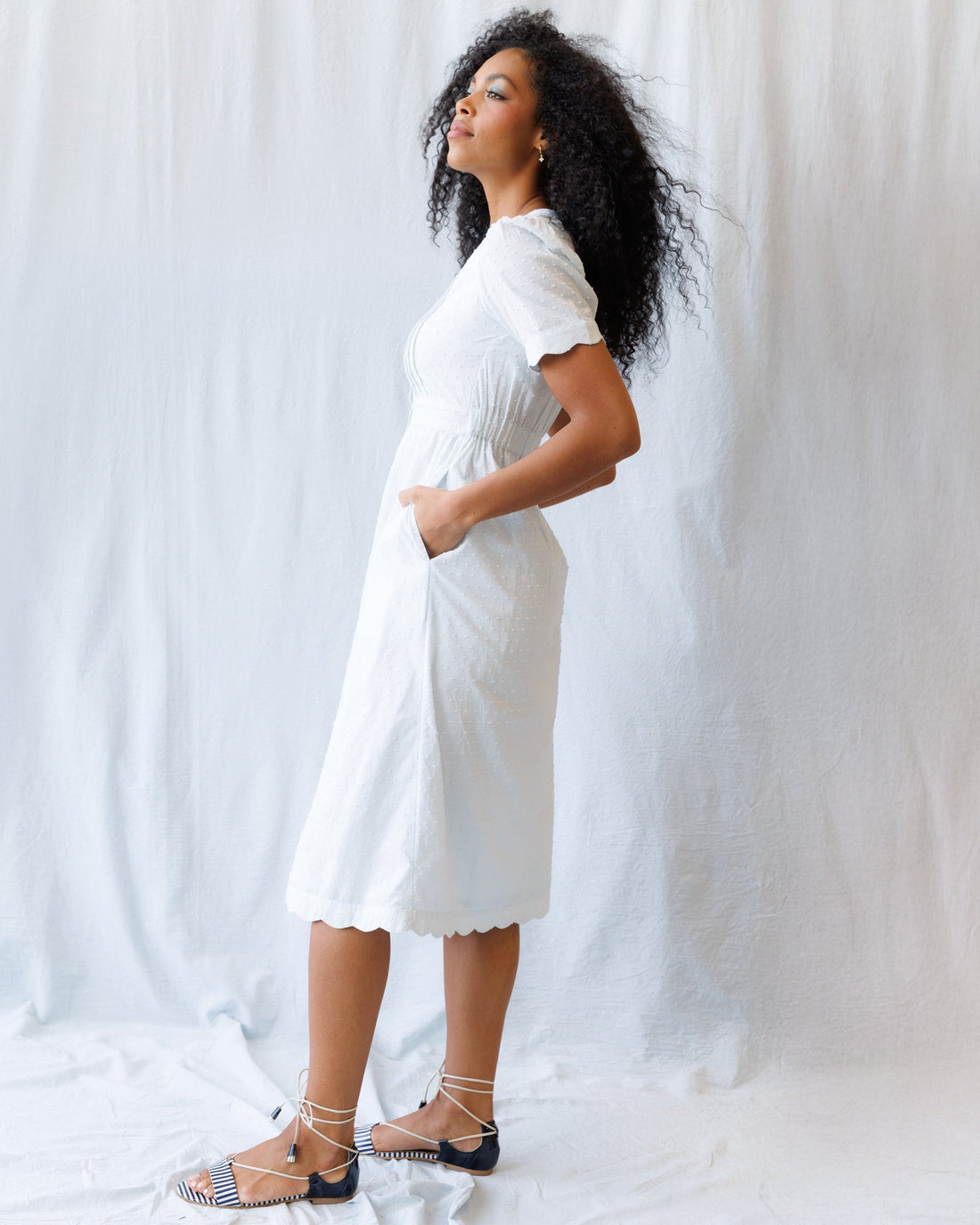 Swiss Dot Scallop Midi Dress with Puff Sleeves in White and Blue