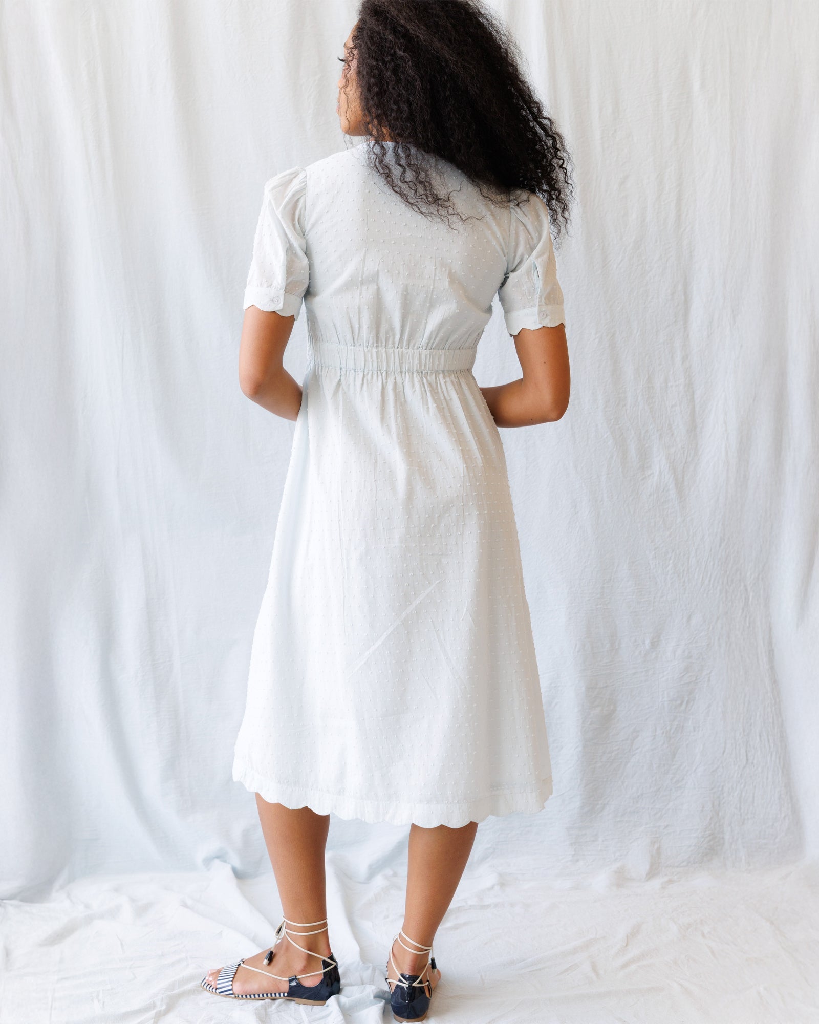 Swiss Dot Scallop Midi Dress with Puff Sleeves in White and Blue