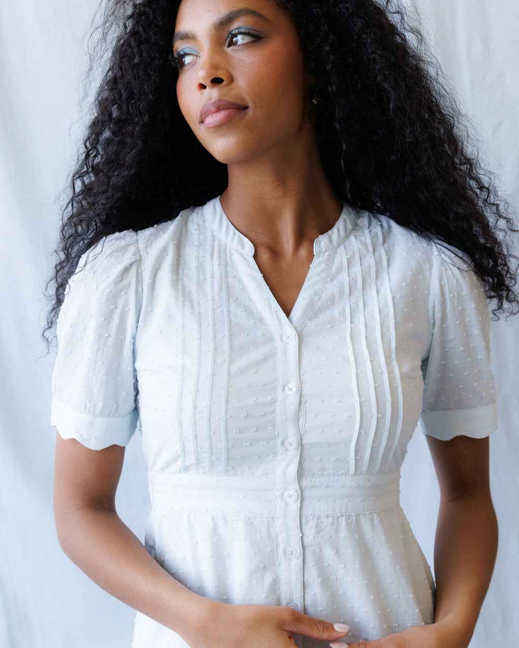Swiss Dot Scallop Midi Dress with Puff Sleeves in White and Blue