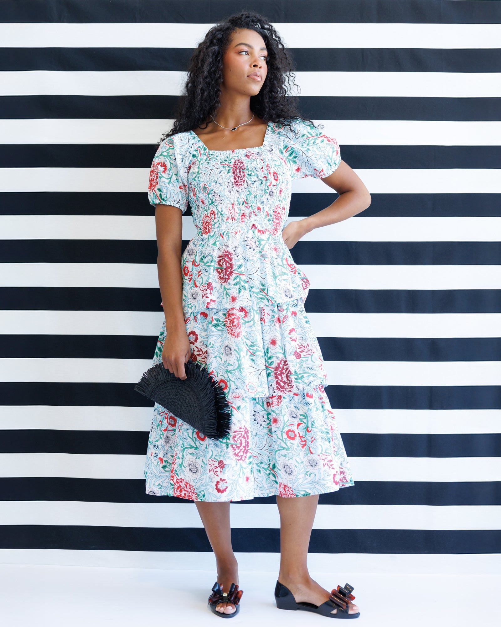 Floral Smocked Midi Dress with Square Neckline in White Red Green