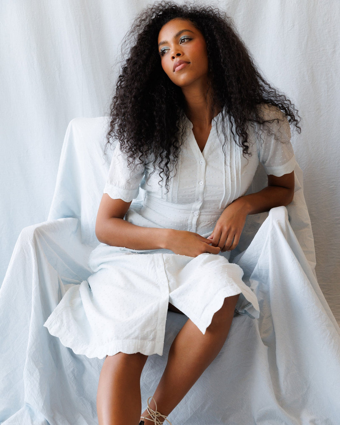Swiss Dot Scallop Midi Dress with Puff Sleeves in White and Blue