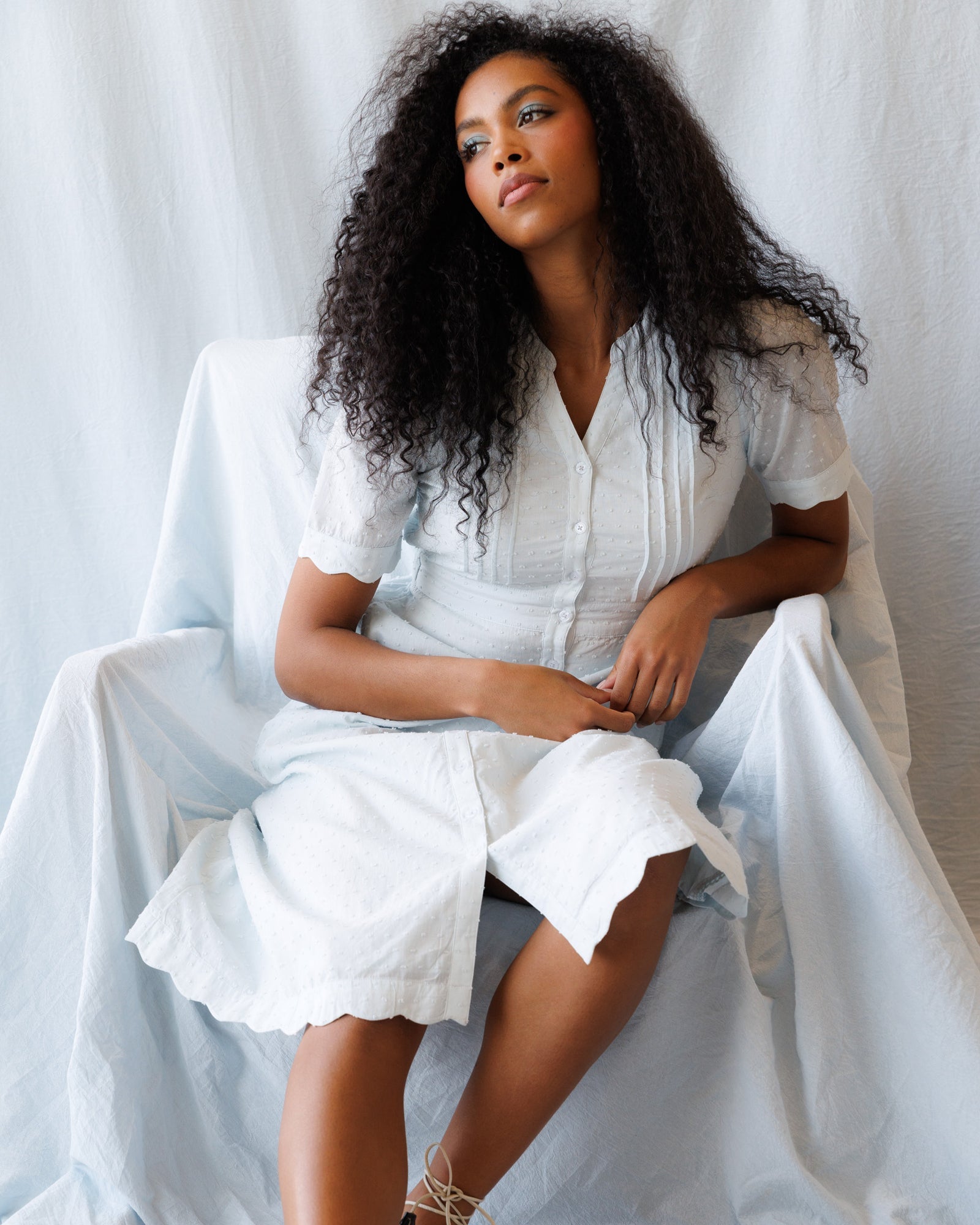 Swiss Dot Scallop Midi Dress with Puff Sleeves in White and Blue