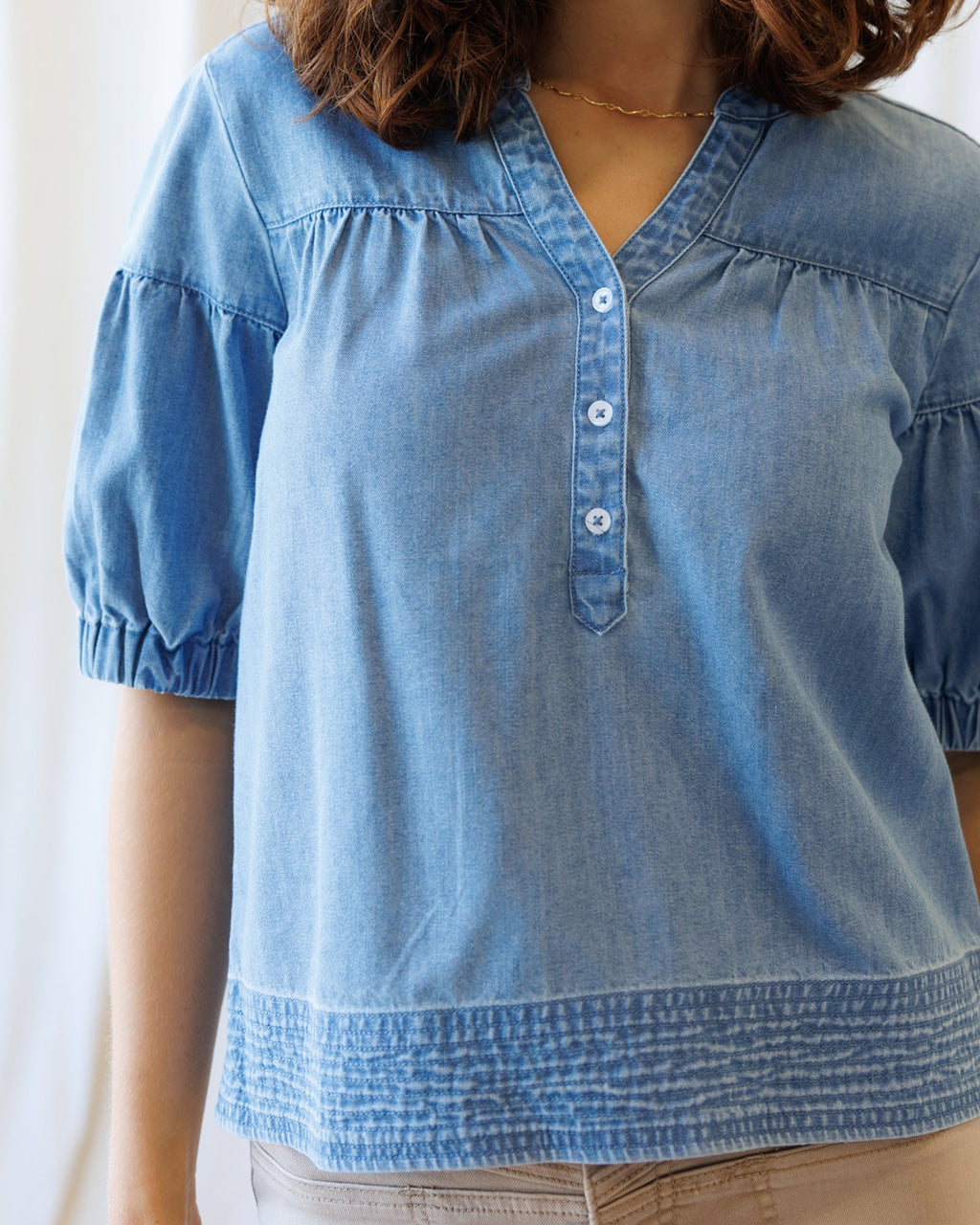 Portside Chambray Popover: Relaxed Blue Denim V-Neck Top