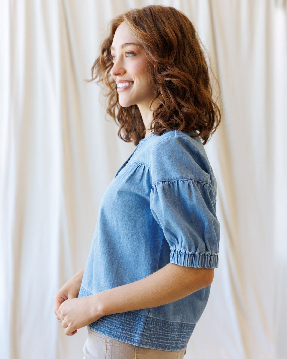 Portside Chambray Popover: Relaxed Blue Denim V-Neck Top