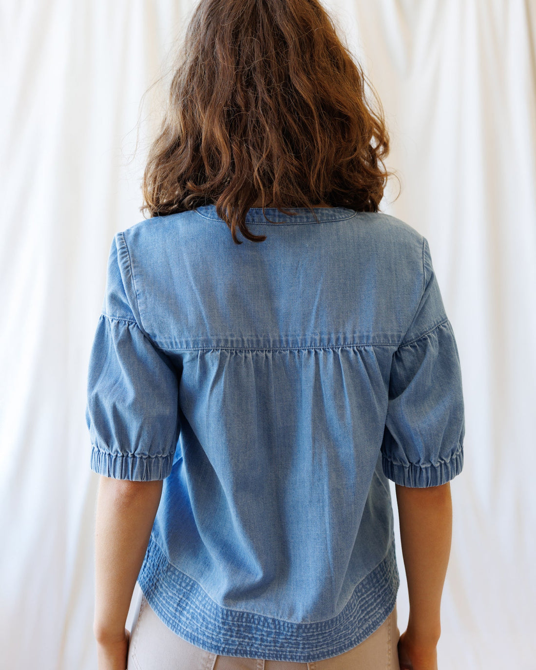 Portside Chambray Popover: Relaxed Blue Denim V-Neck Top
