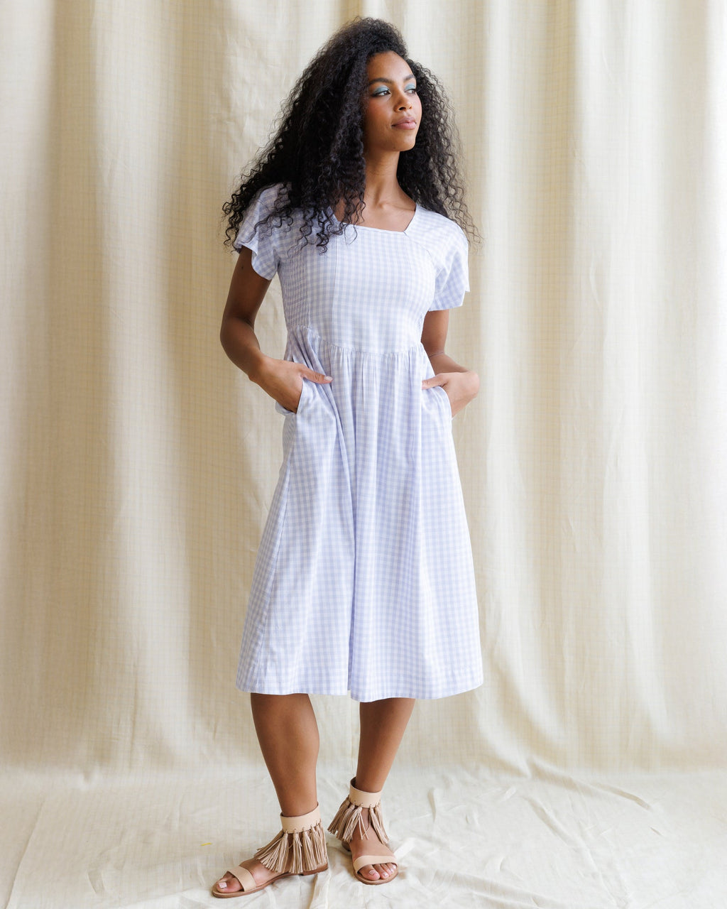 Lavender Gingham Midi Dress with Flutter Sleeves and Square Neck