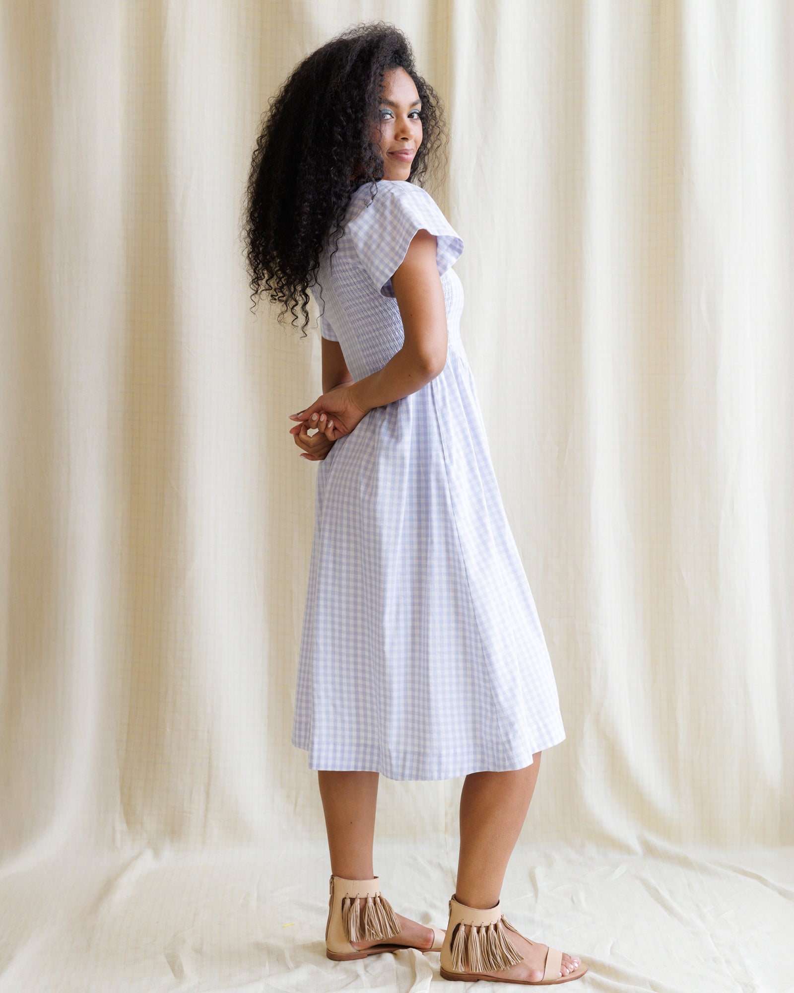 Lavender Gingham Midi Dress with Flutter Sleeves and Square Neck